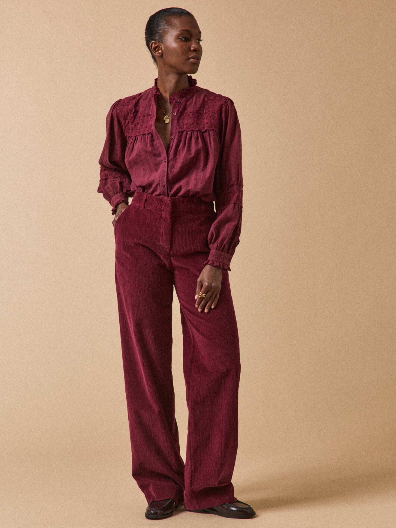 Women's embroidered heirloom blouse with ruffled neckline