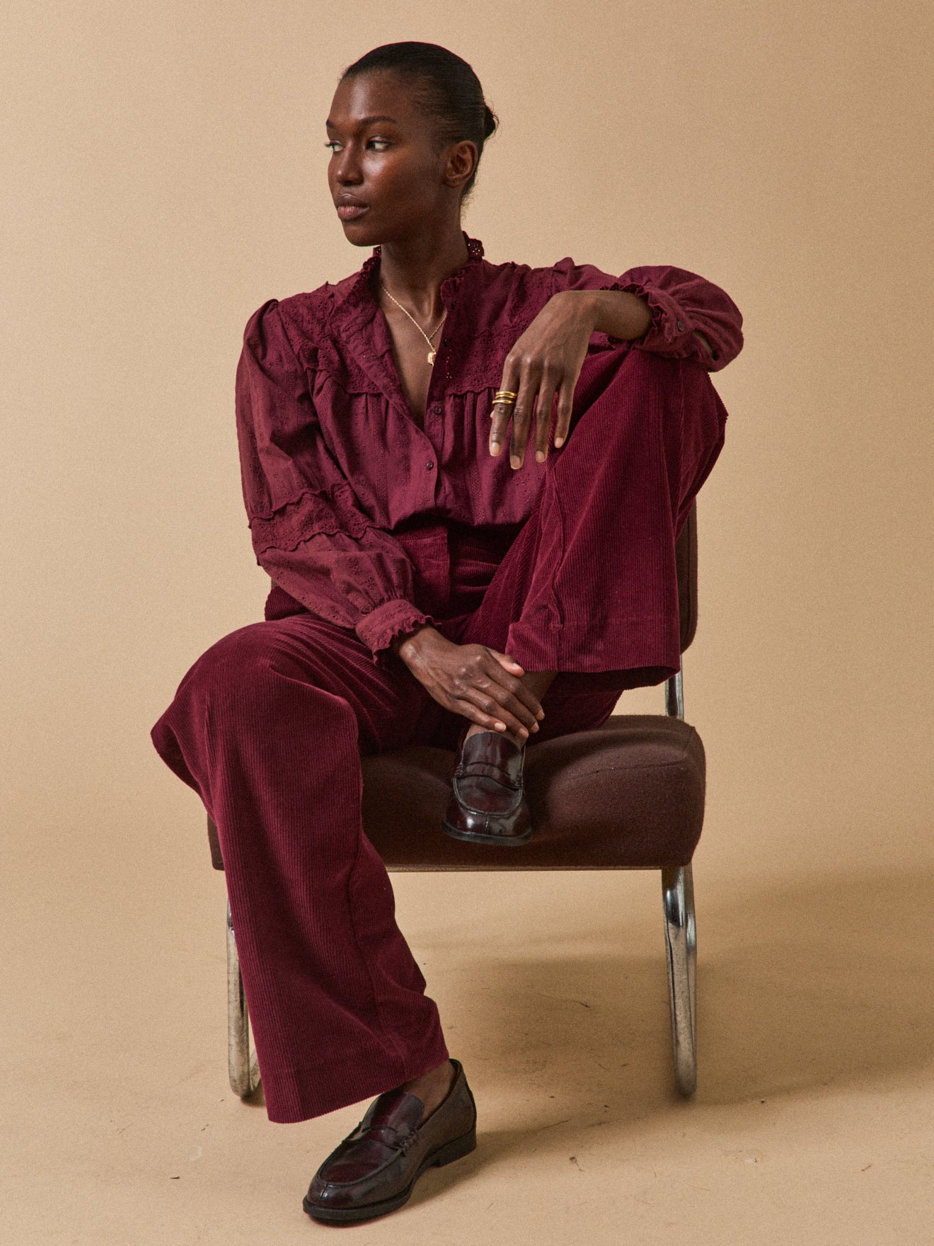 Women's embroidered heirloom blouse with ruffled neckline