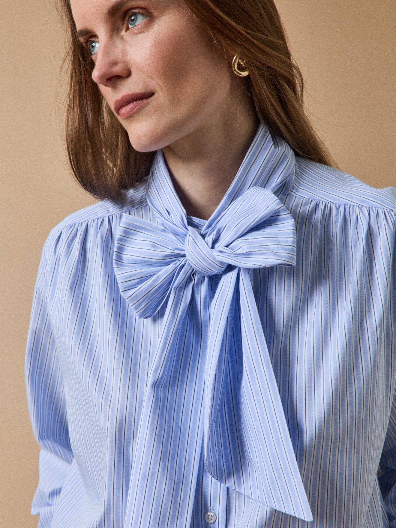 Women's striped poplin shirt with tie neckline