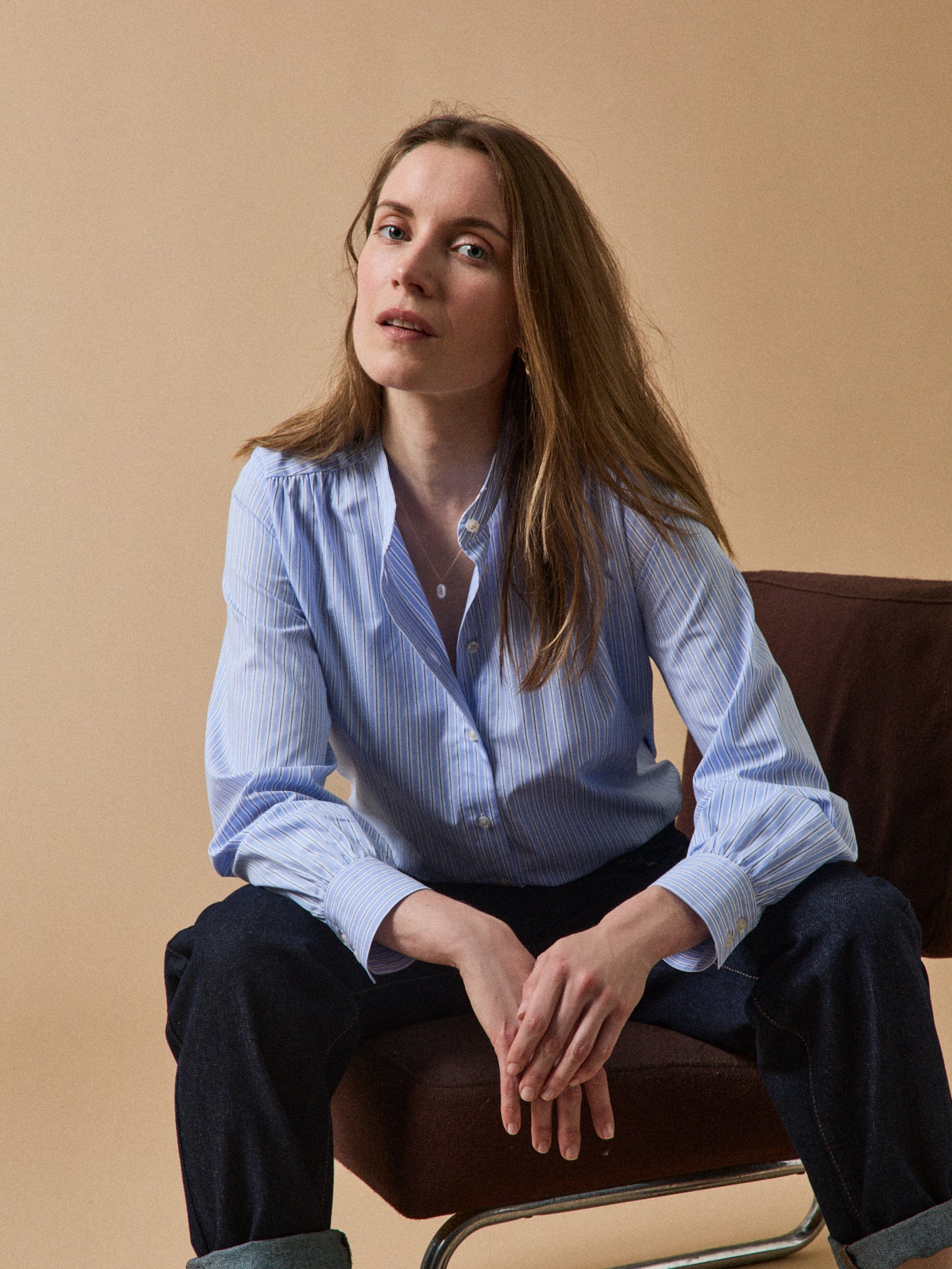 Women's striped poplin shirt with tie neckline