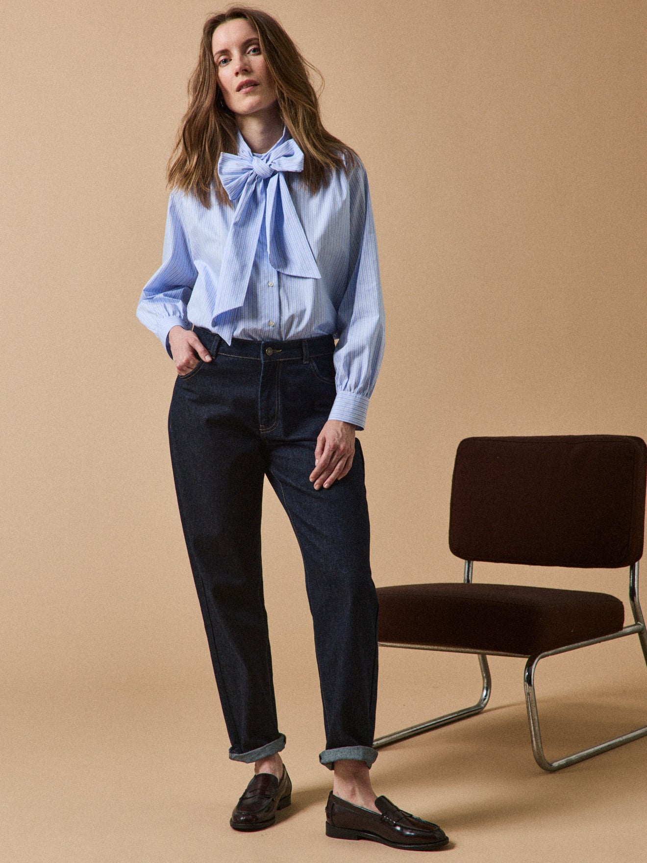 Women's striped poplin shirt with tie neckline