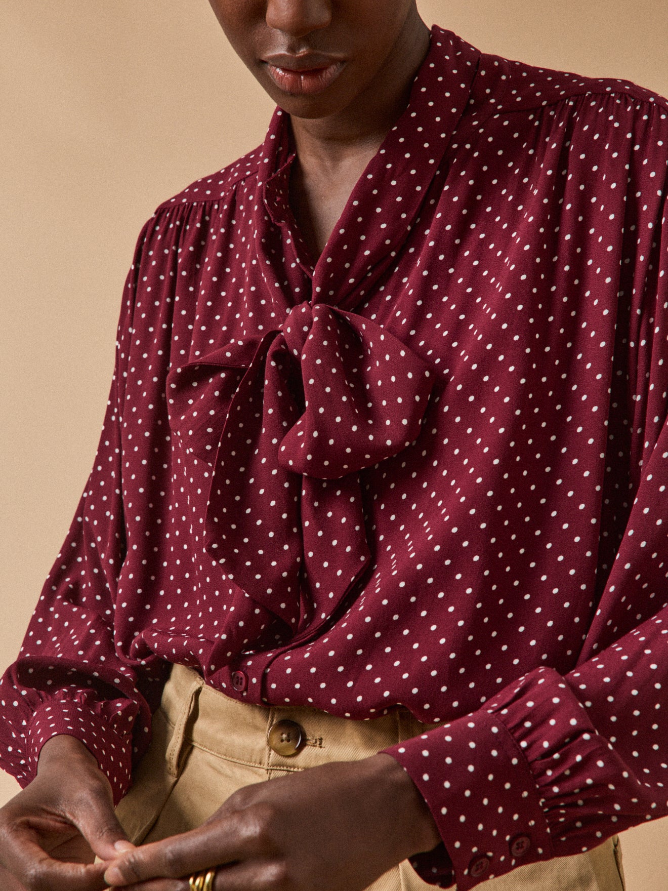 Women's dot-print viscose shirt with tie neckline