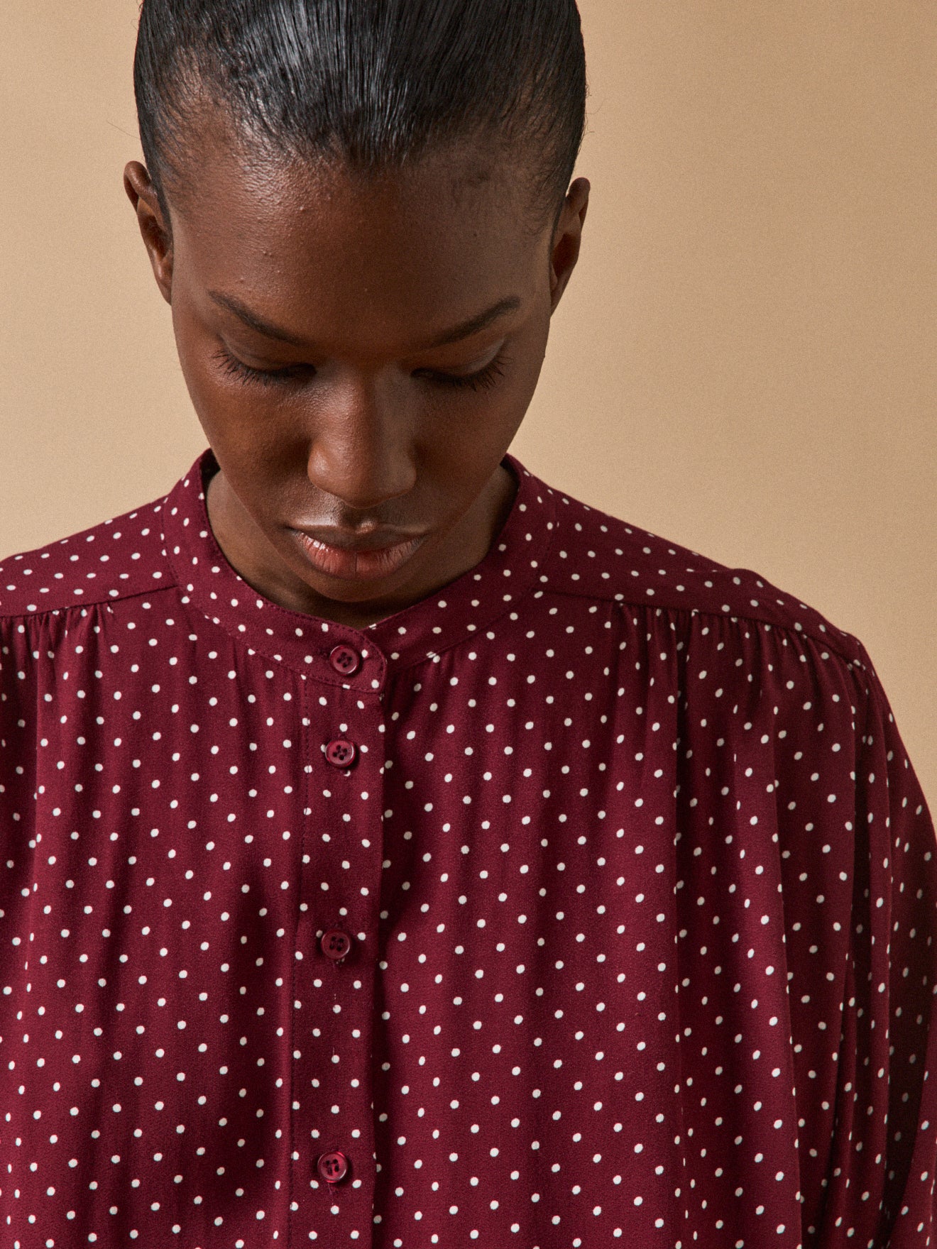 Women's dot-print viscose shirt with tie neckline