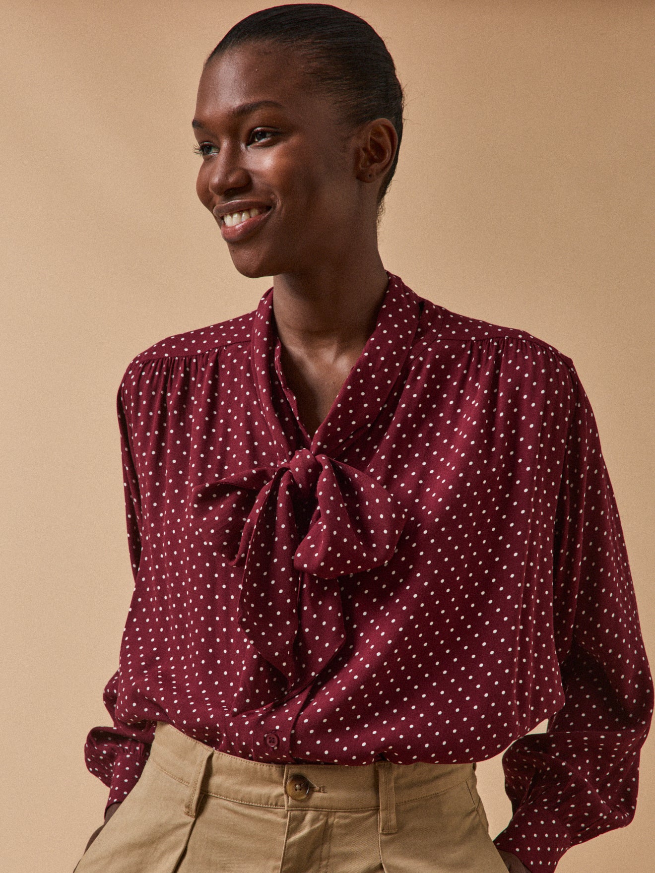 Women's dot-print viscose shirt with tie neckline