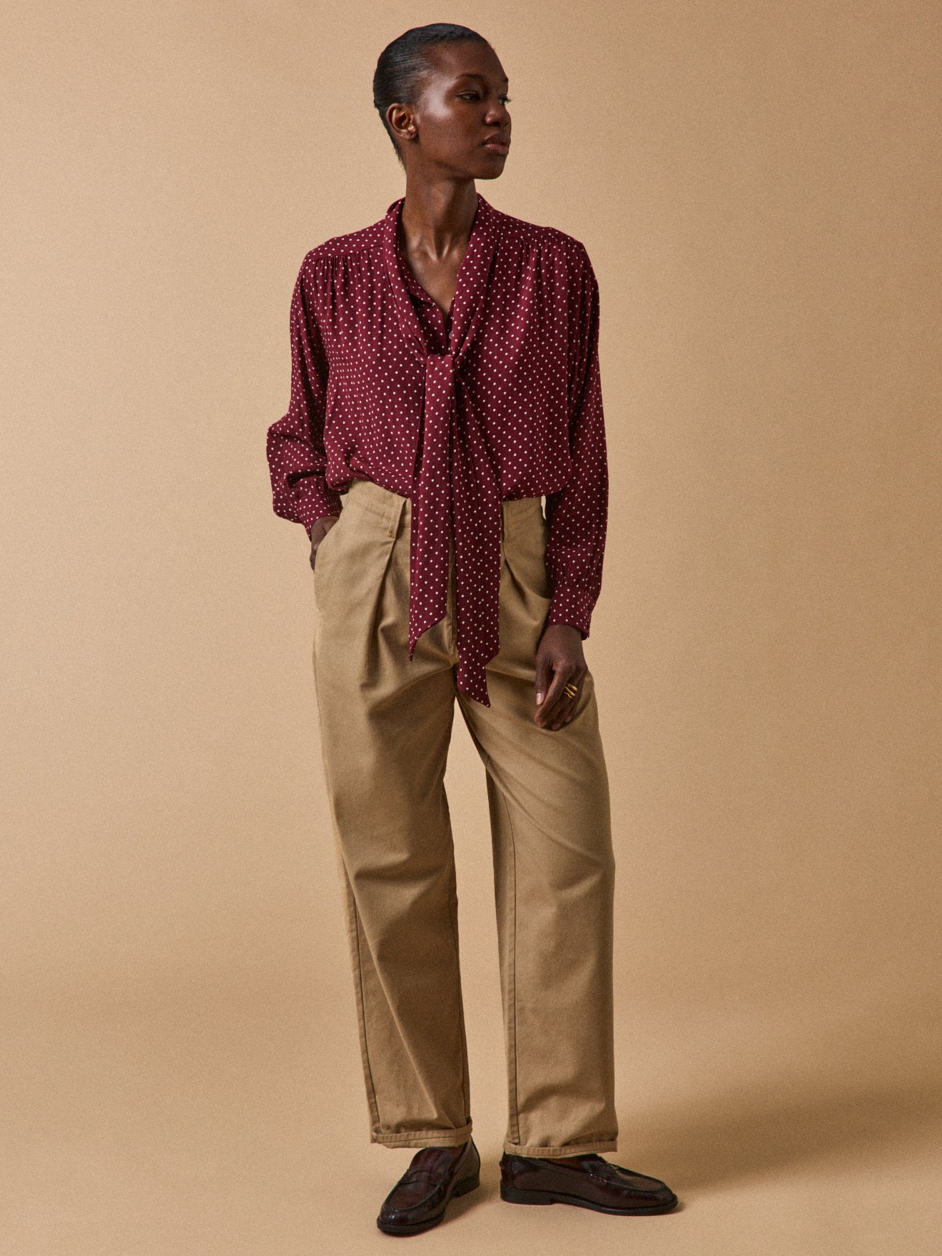 Women's dot-print viscose shirt with tie neckline