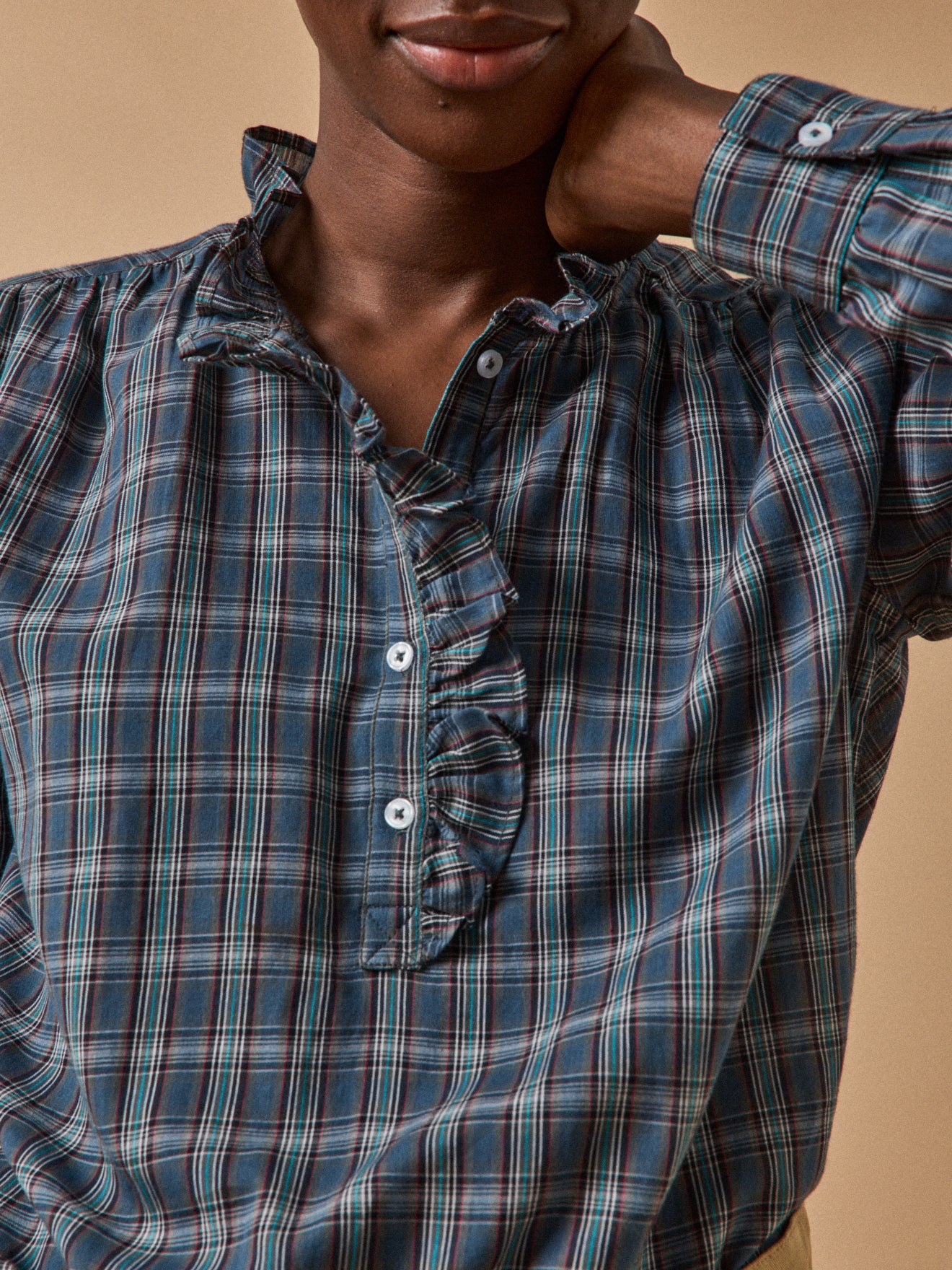 Women's plaid print ruffled blouse