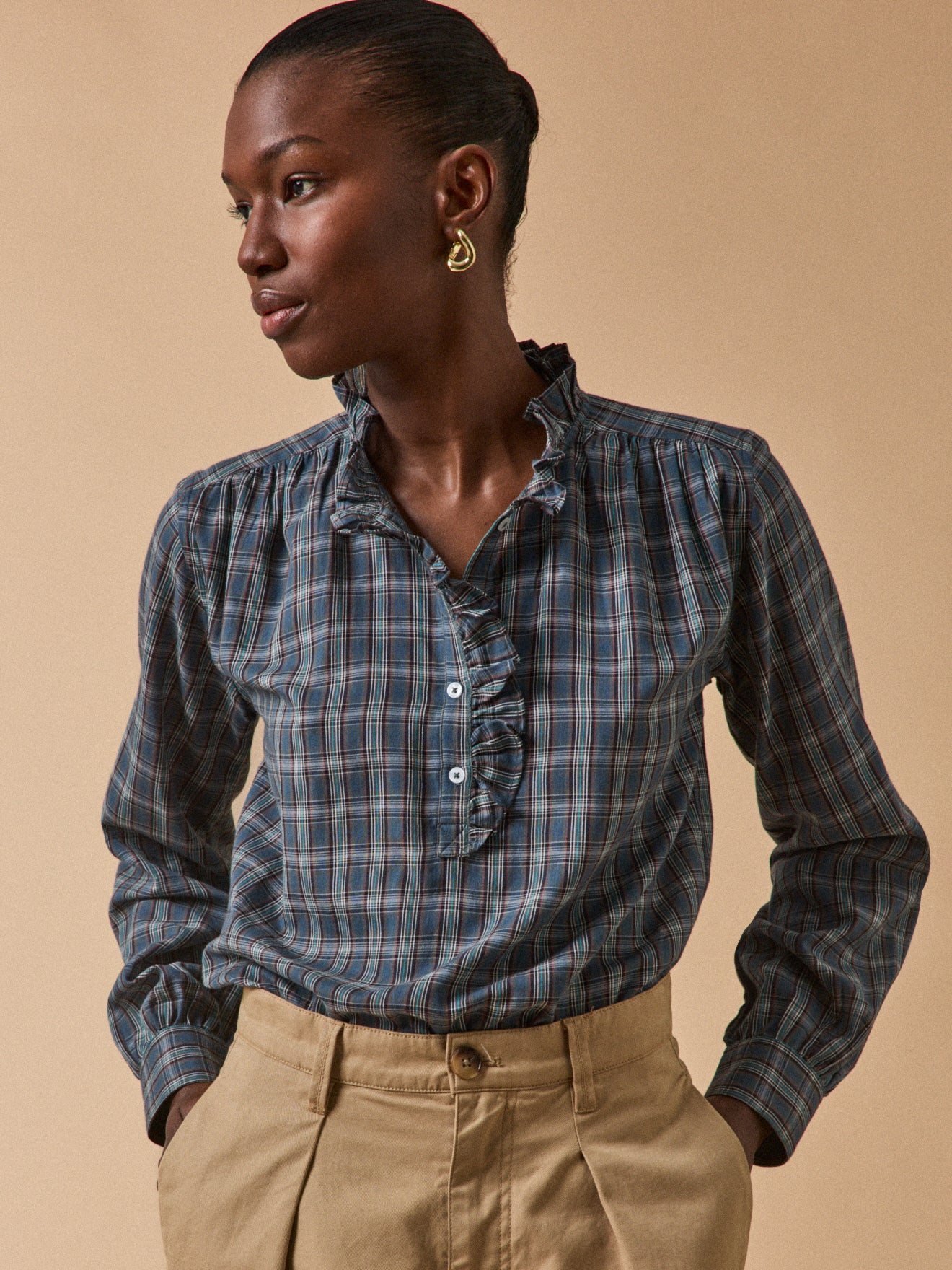 Women's plaid print ruffled blouse