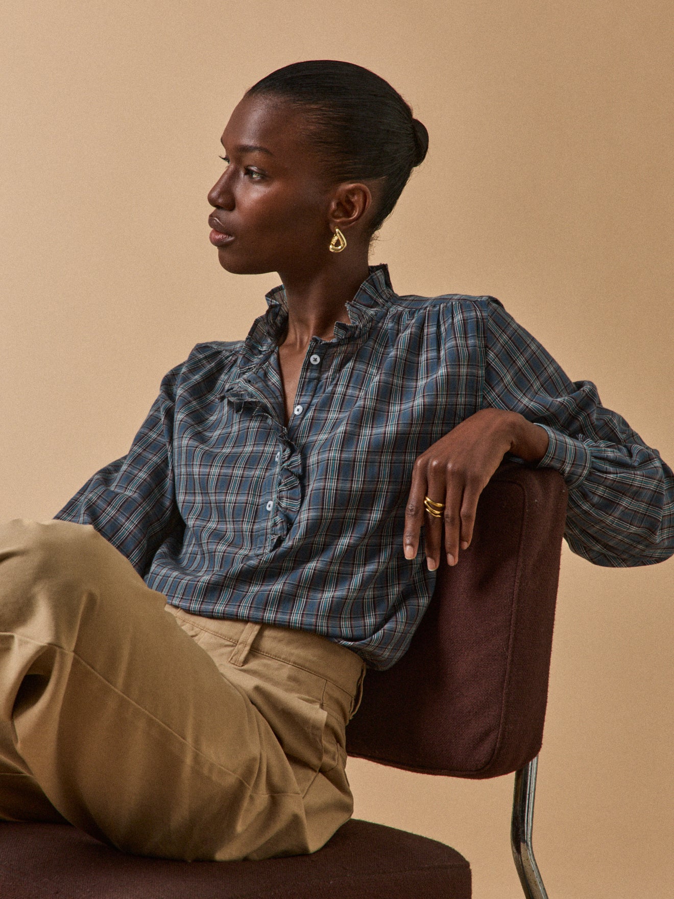 Women's plaid print ruffled blouse