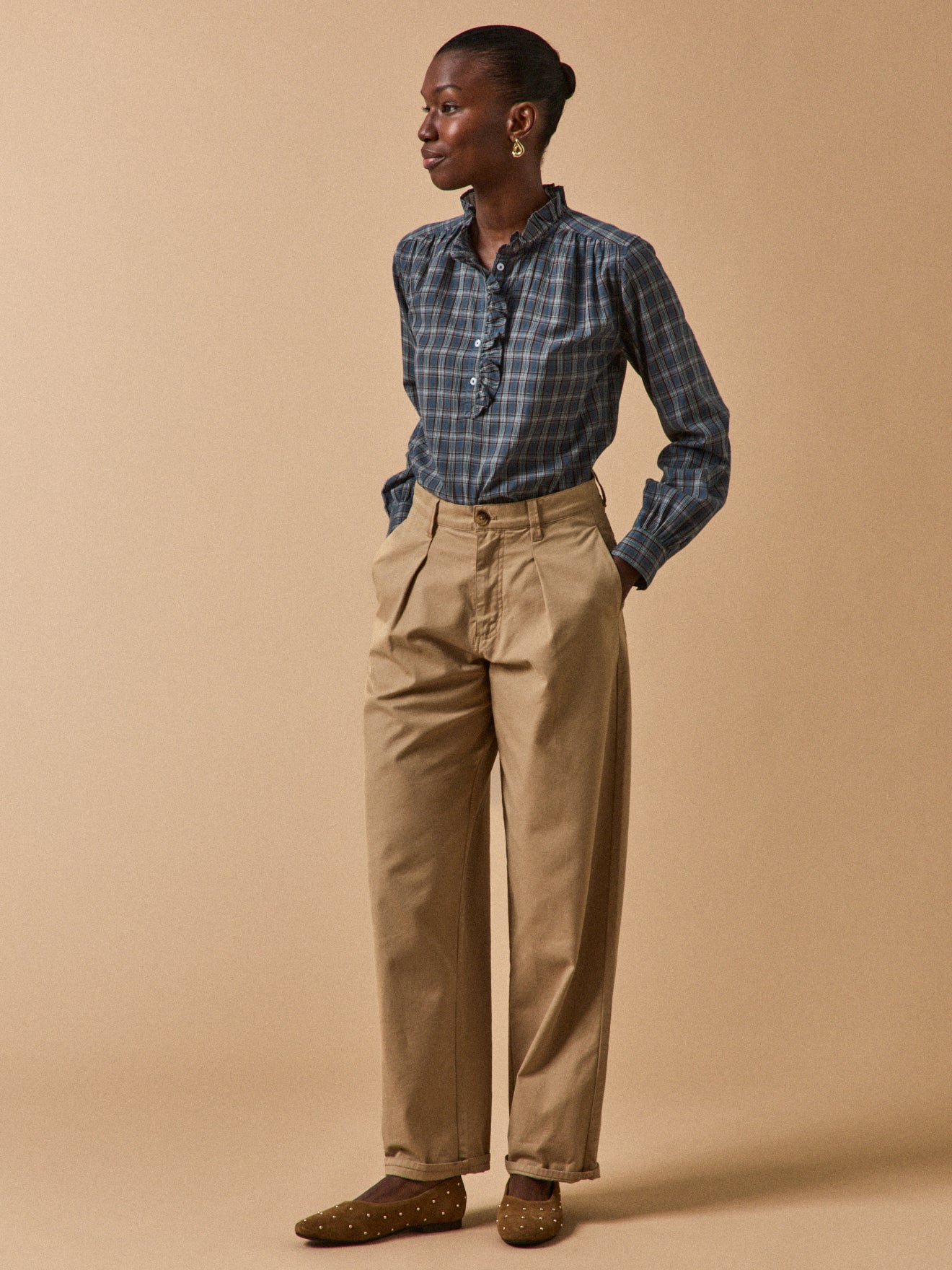 Women's plaid print ruffled blouse