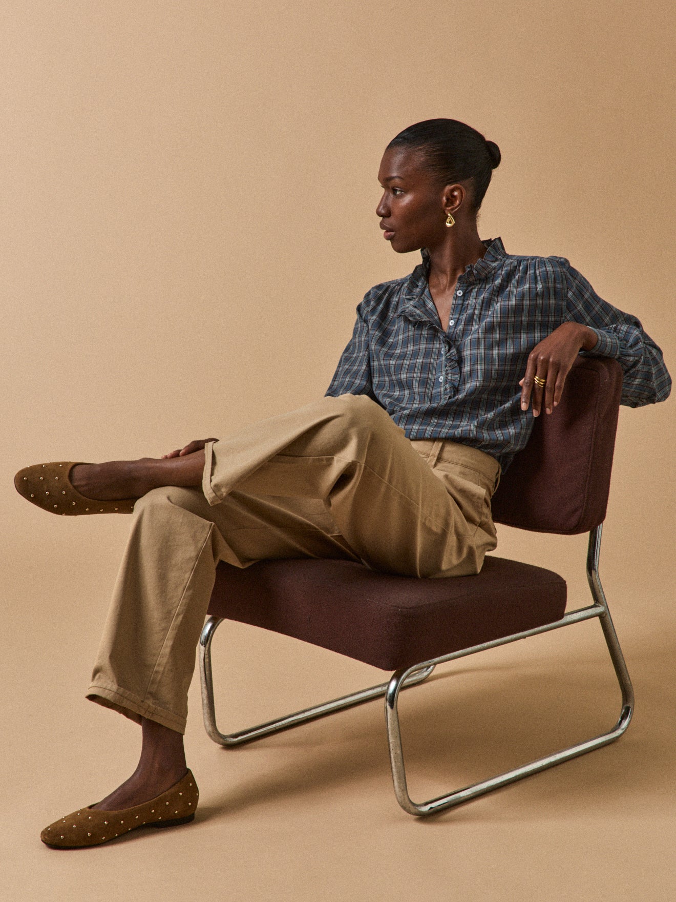 Women's plaid print ruffled blouse