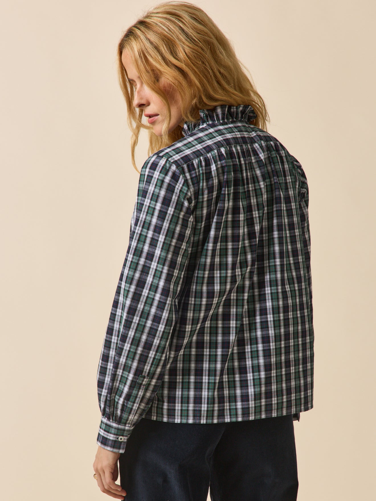 Blouse volantée imprimé écossais femme