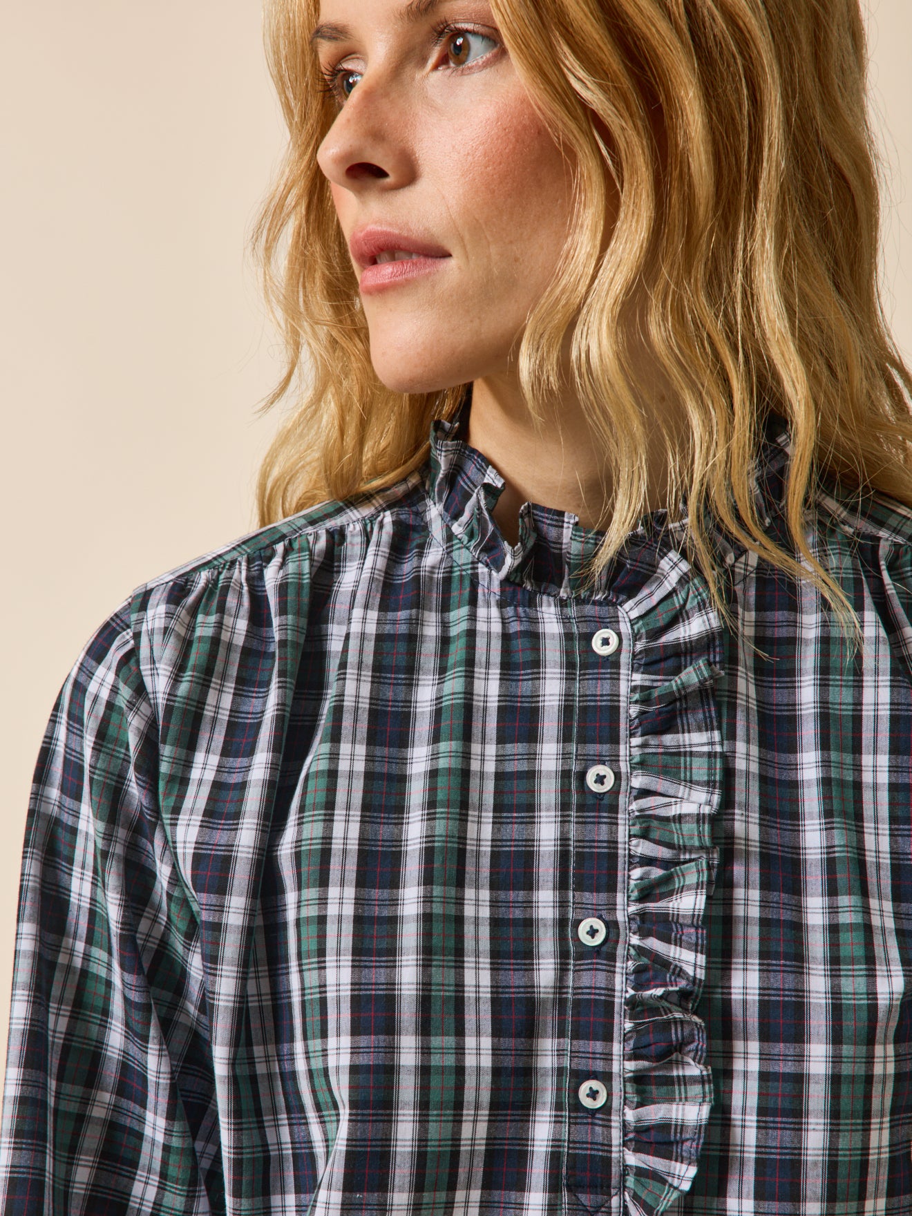 Blouse volantée imprimé écossais femme