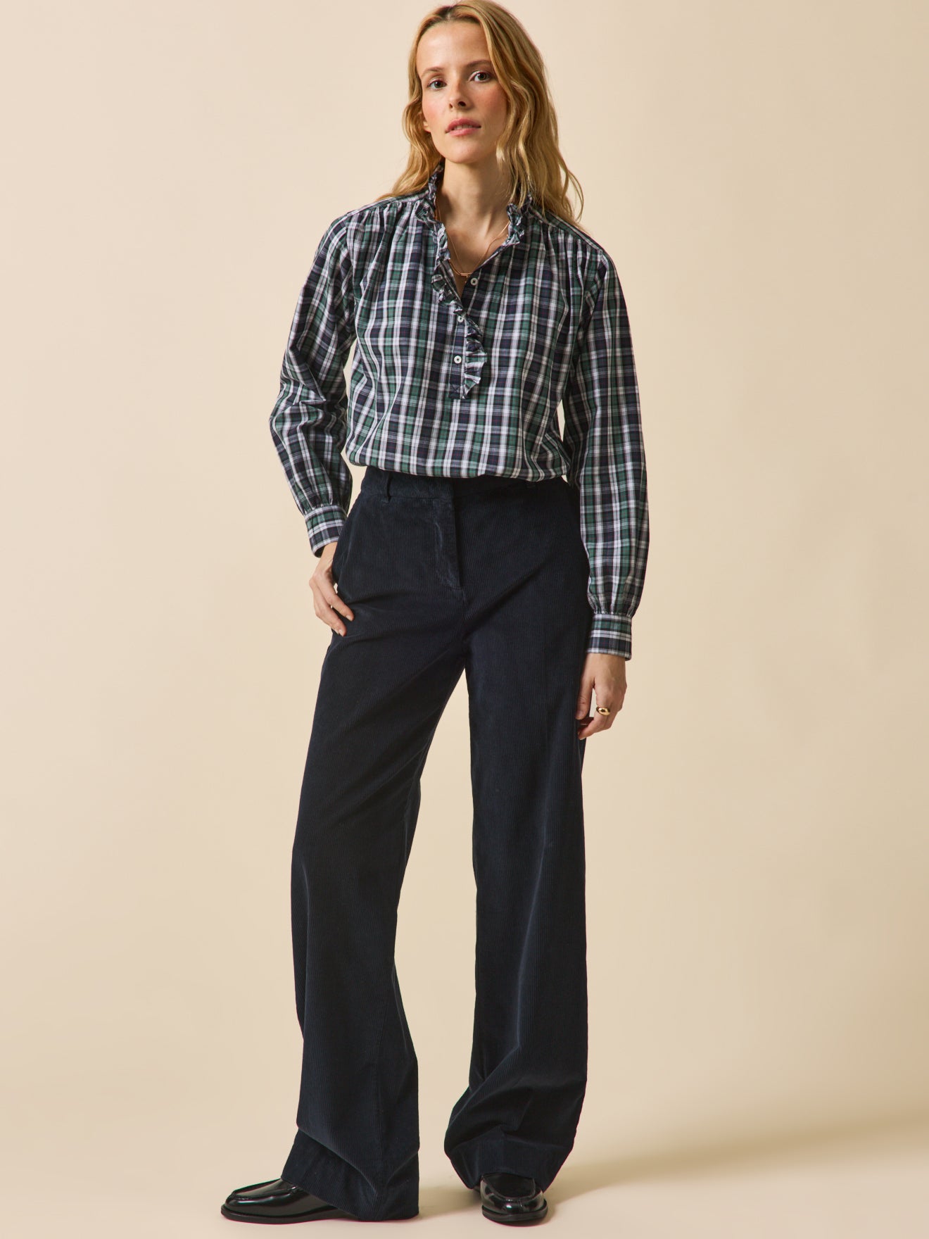 Blouse volantée imprimé écossais femme