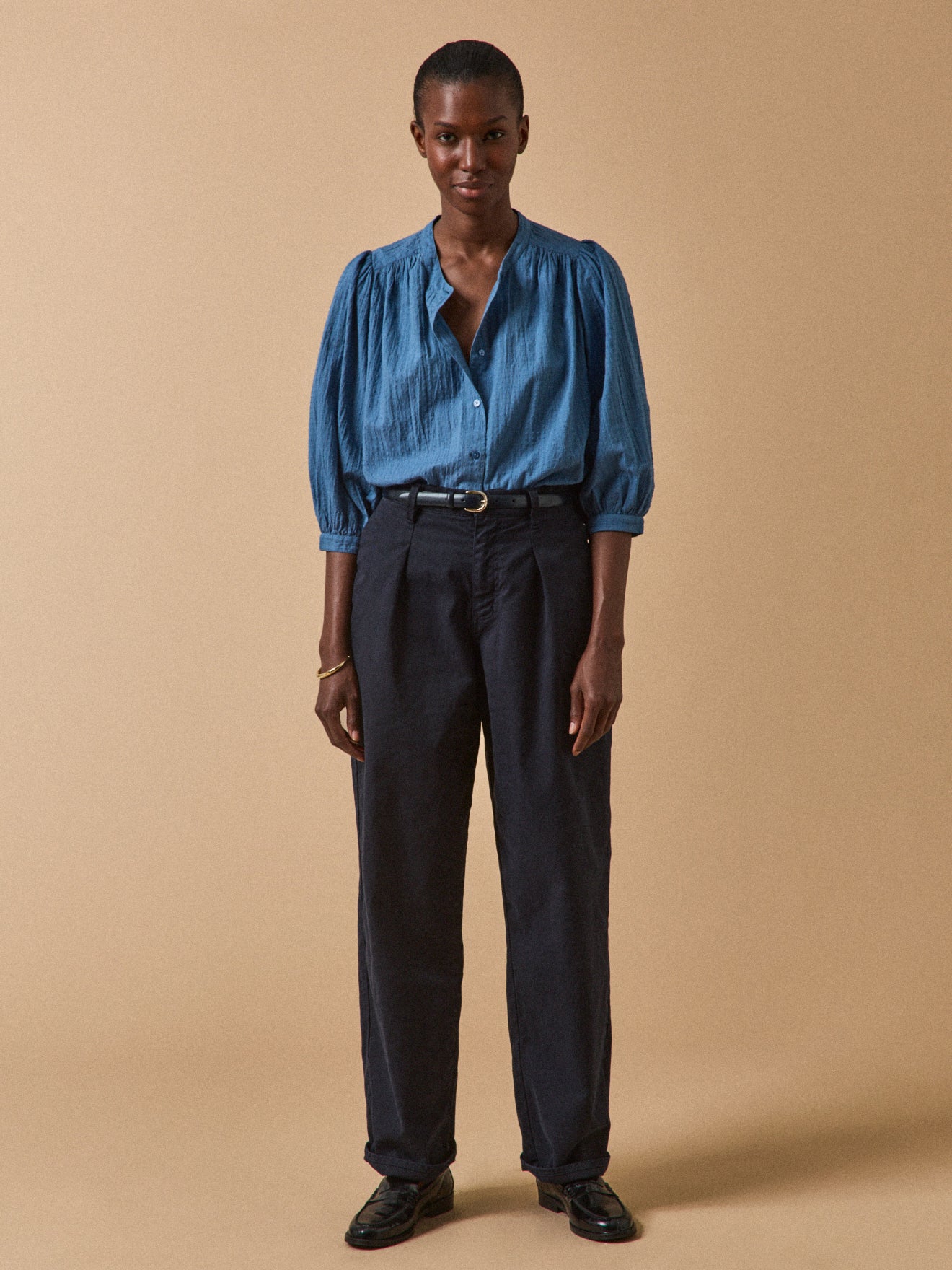 Women's plain textured woven cotton blouse