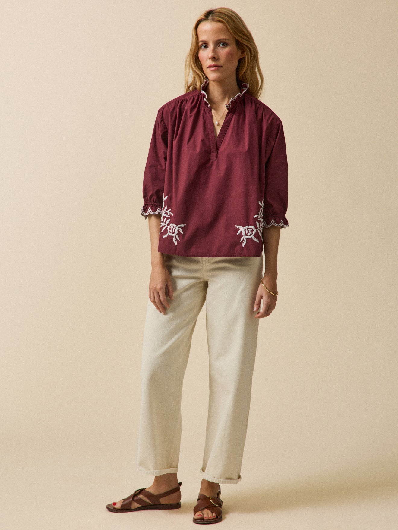 Blouse col volanté coton brodé femme