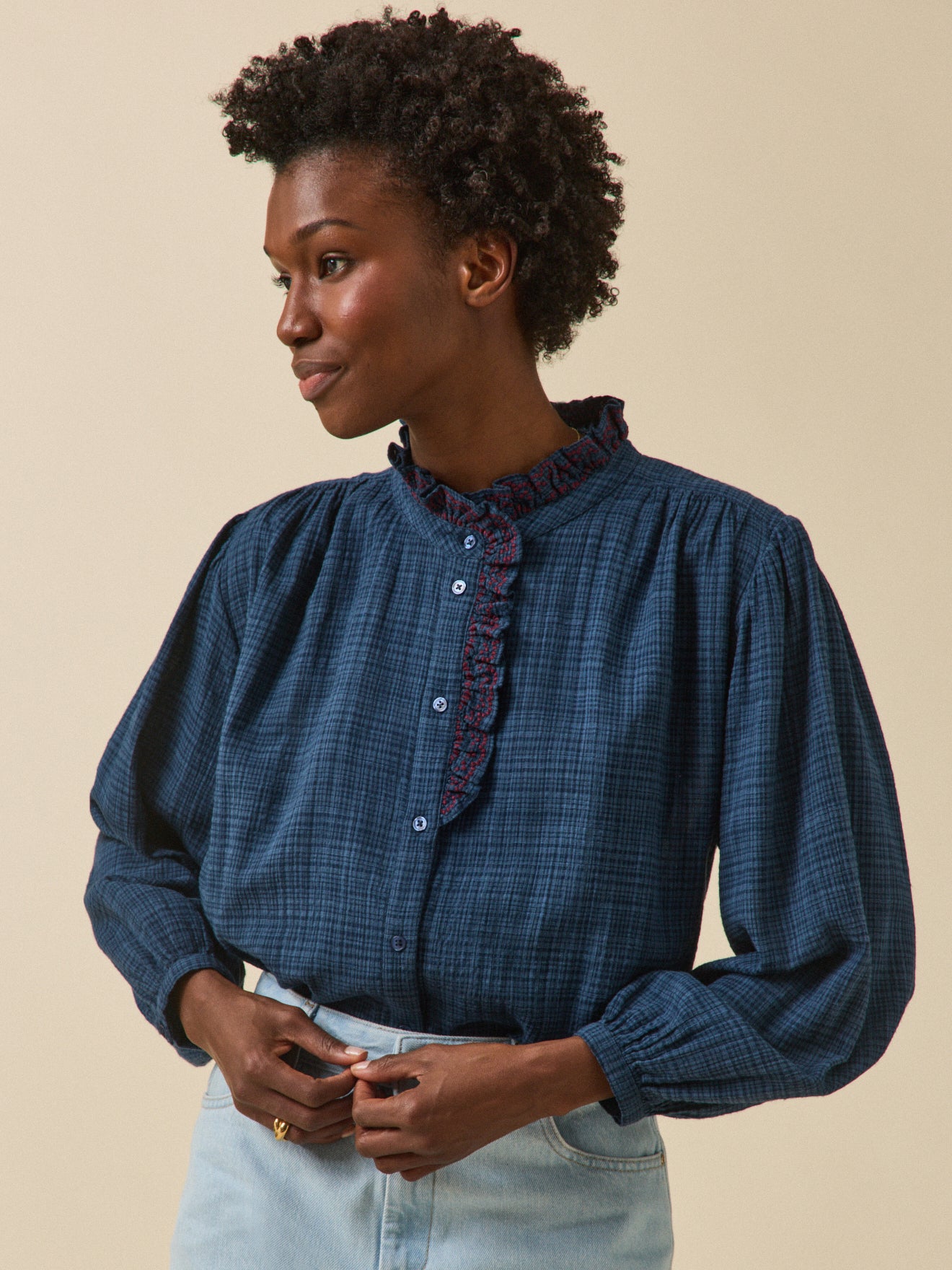 Women's crepon blouse with embroidered ruffle