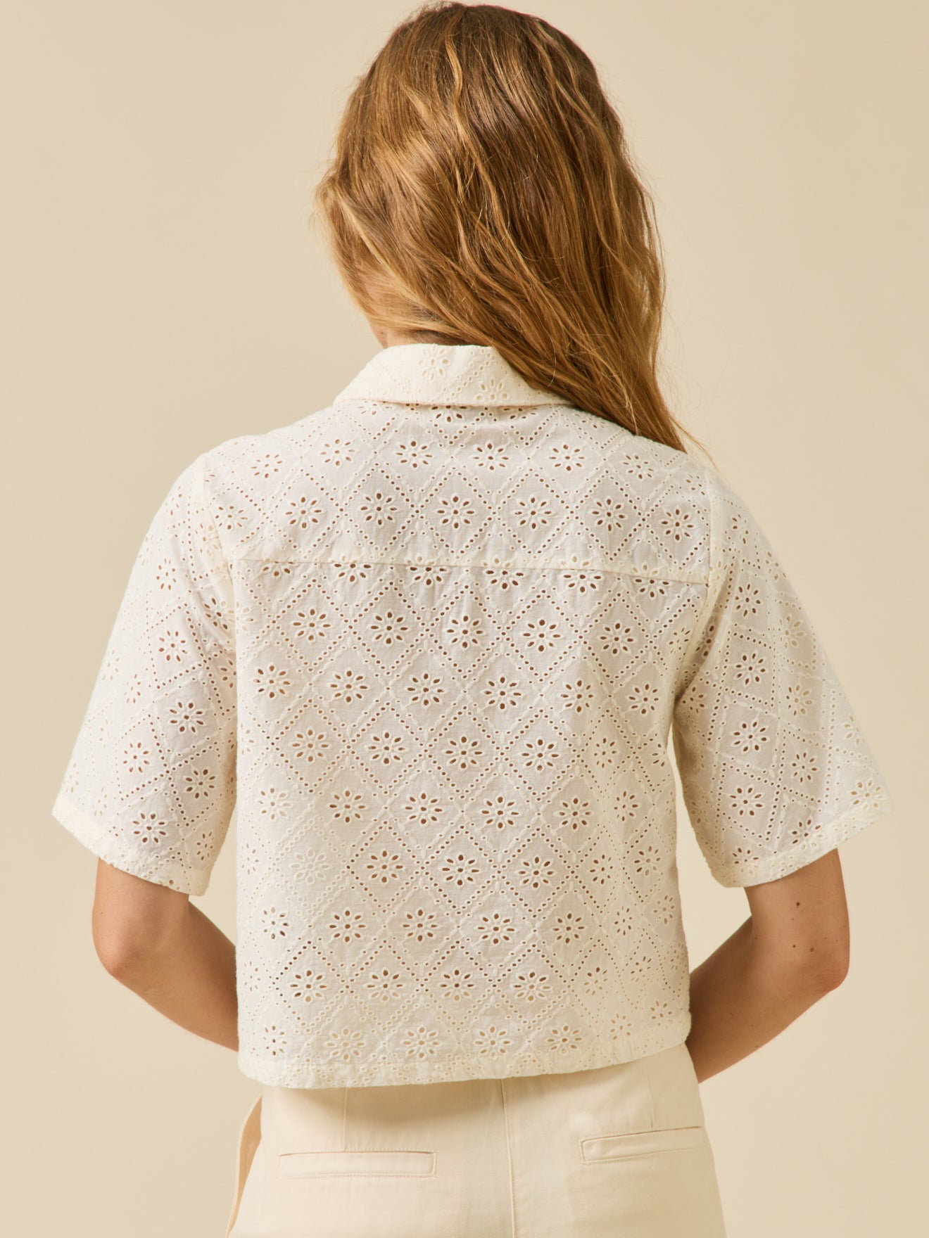 Women's broderie anglaise top with polo shirt collar
