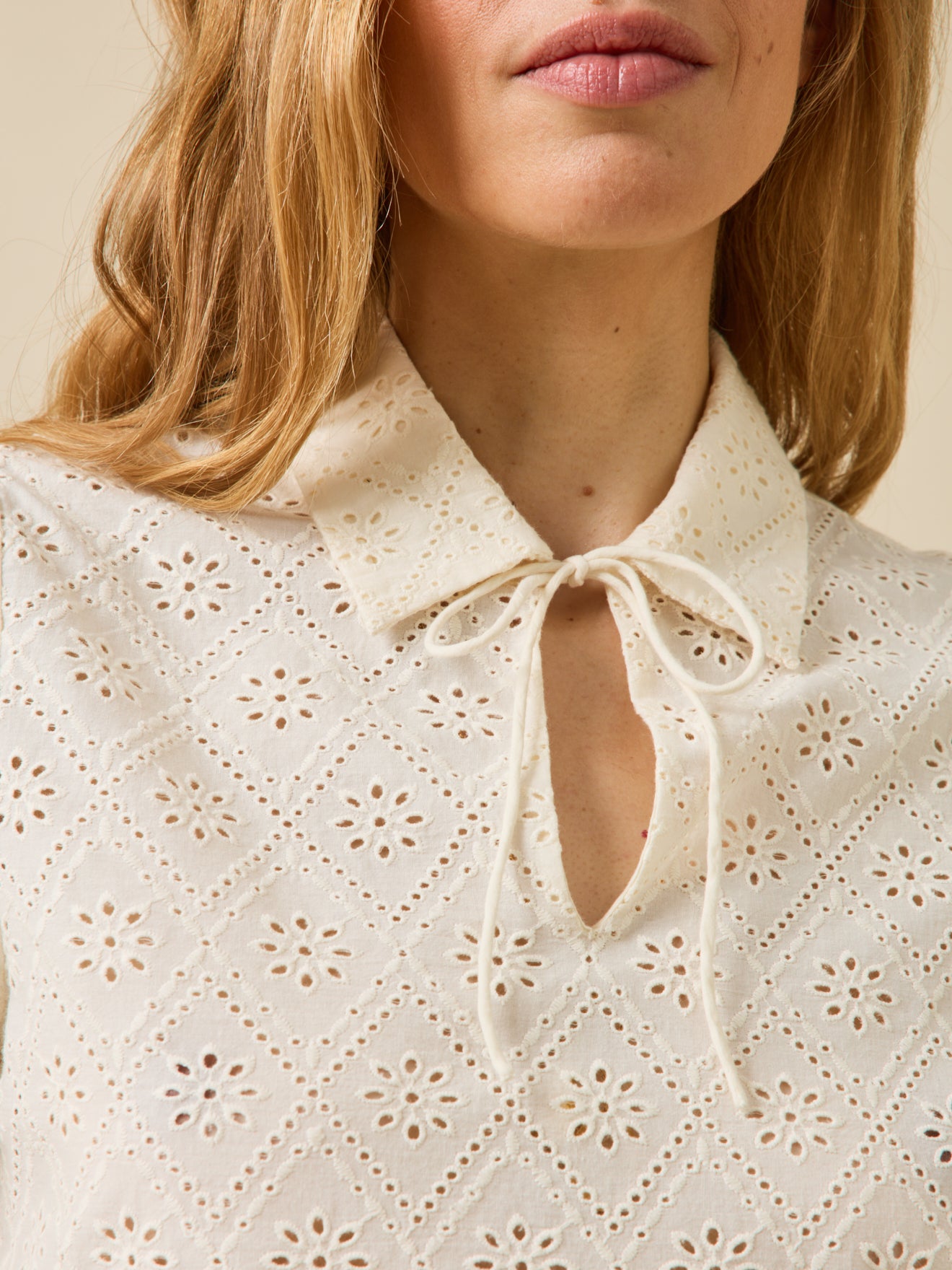 Women's broderie anglaise top with polo shirt collar