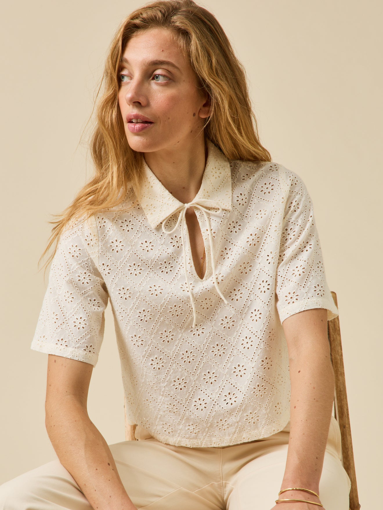 Women's broderie anglaise top with polo shirt collar