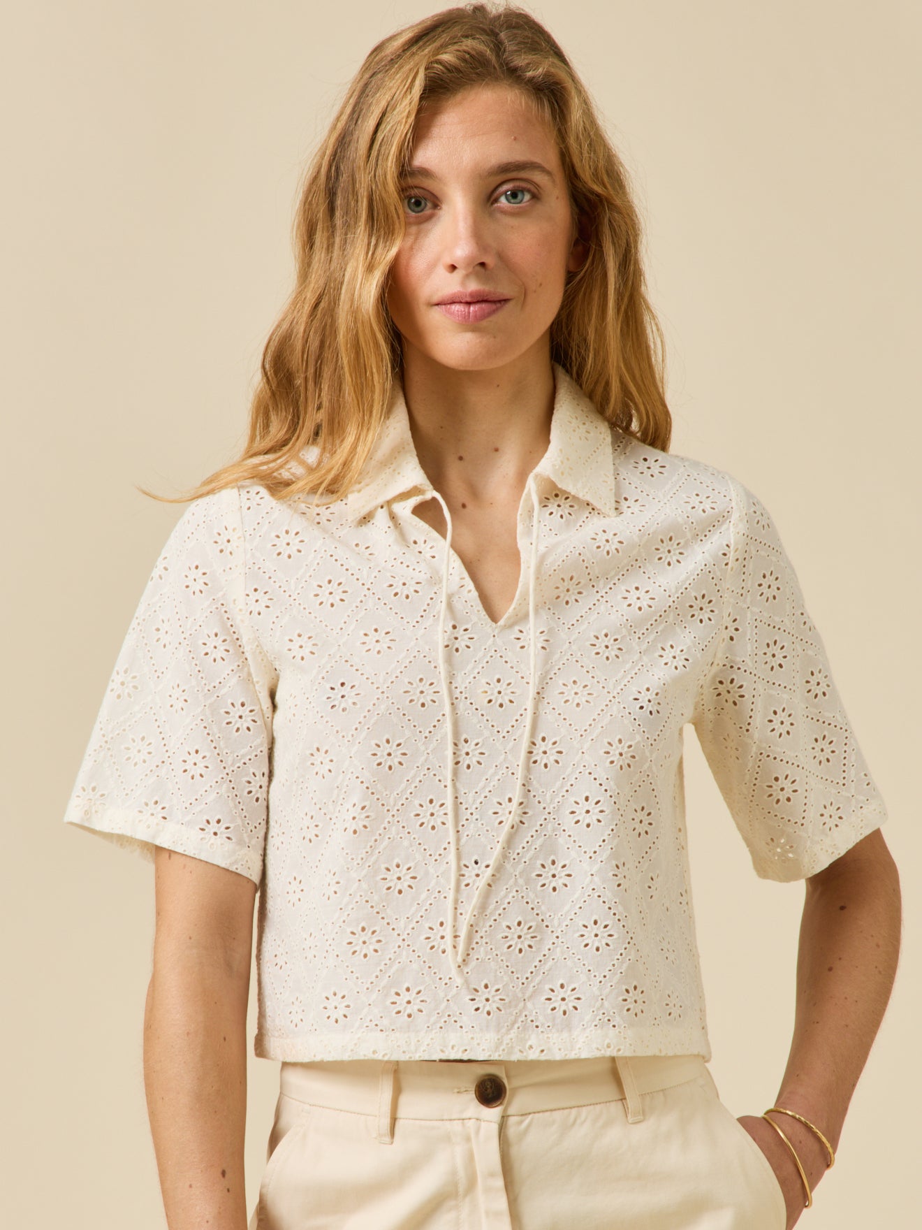 Women's broderie anglaise top with polo shirt collar