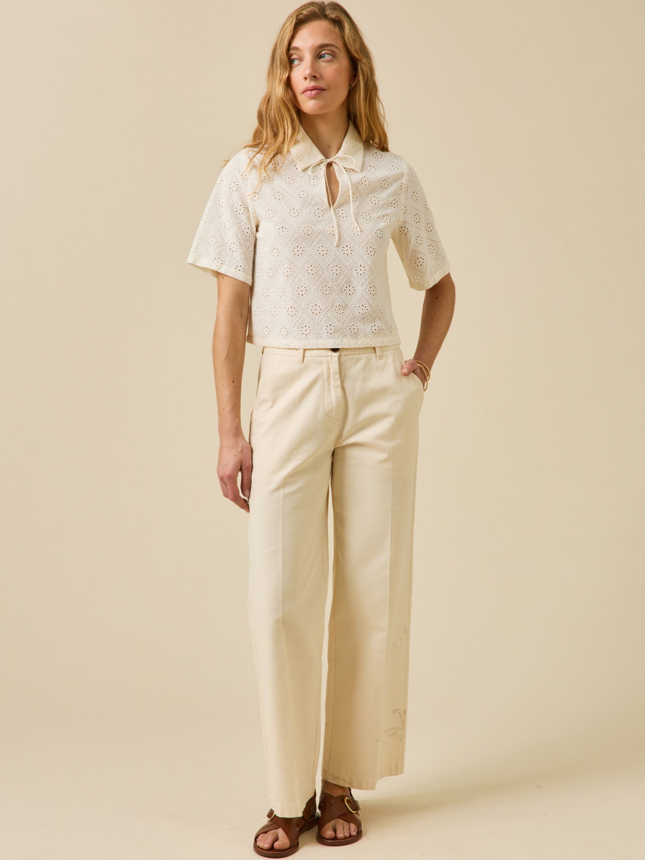 Women's broderie anglaise top with polo shirt collar