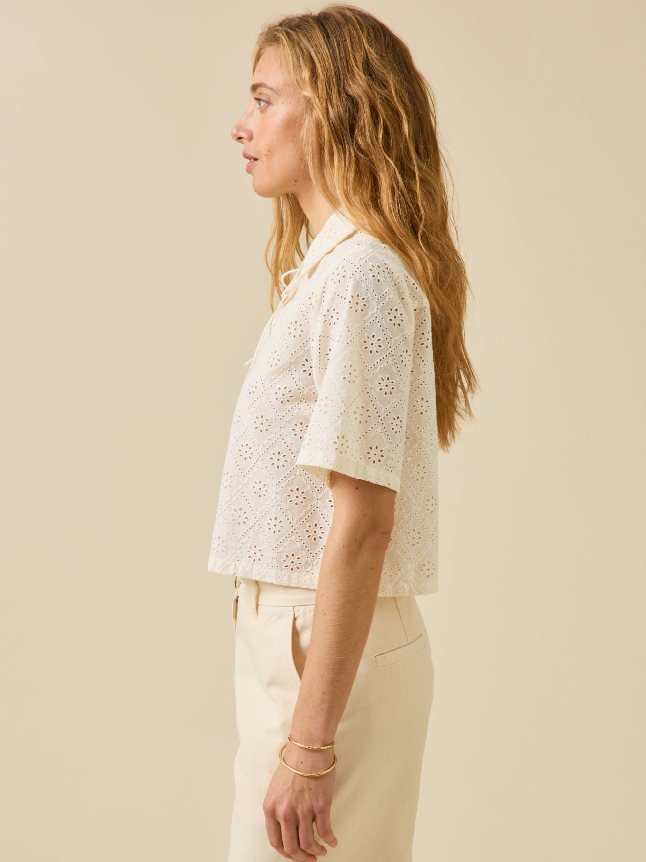 Women's broderie anglaise top with polo shirt collar