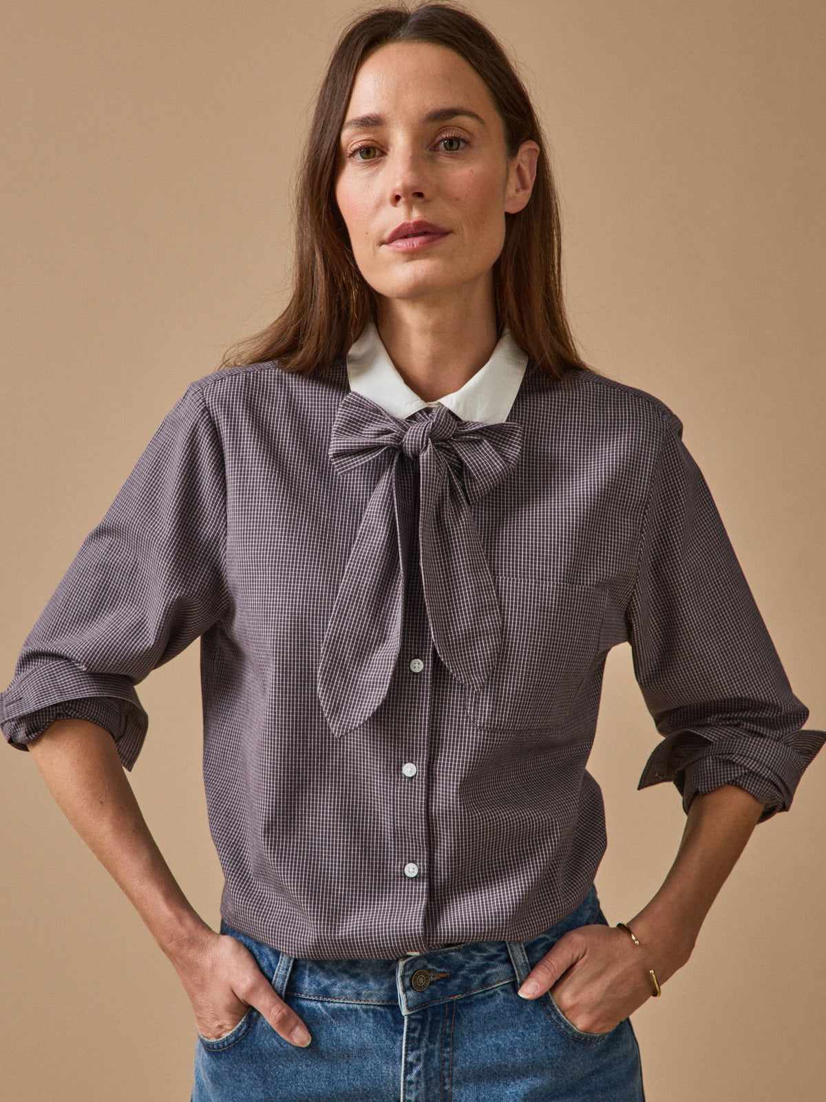 Women's checked shirt with tie neckline