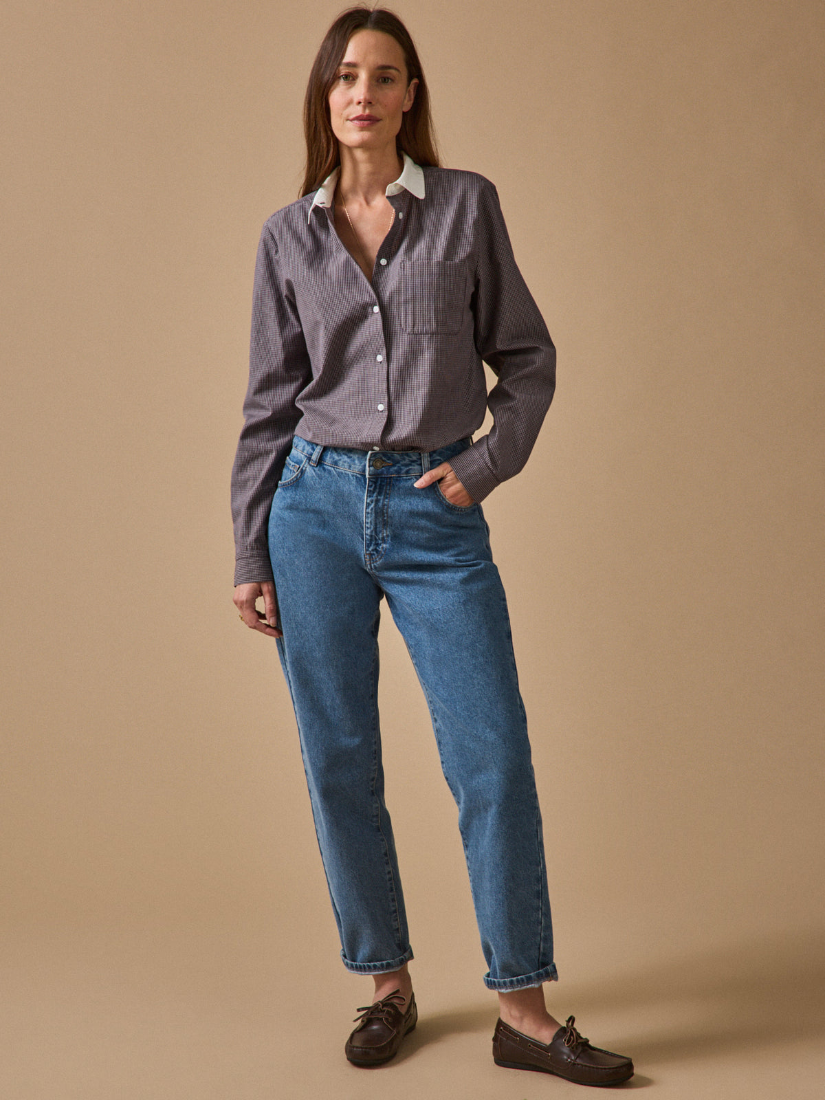 Women's checked shirt with tie neckline