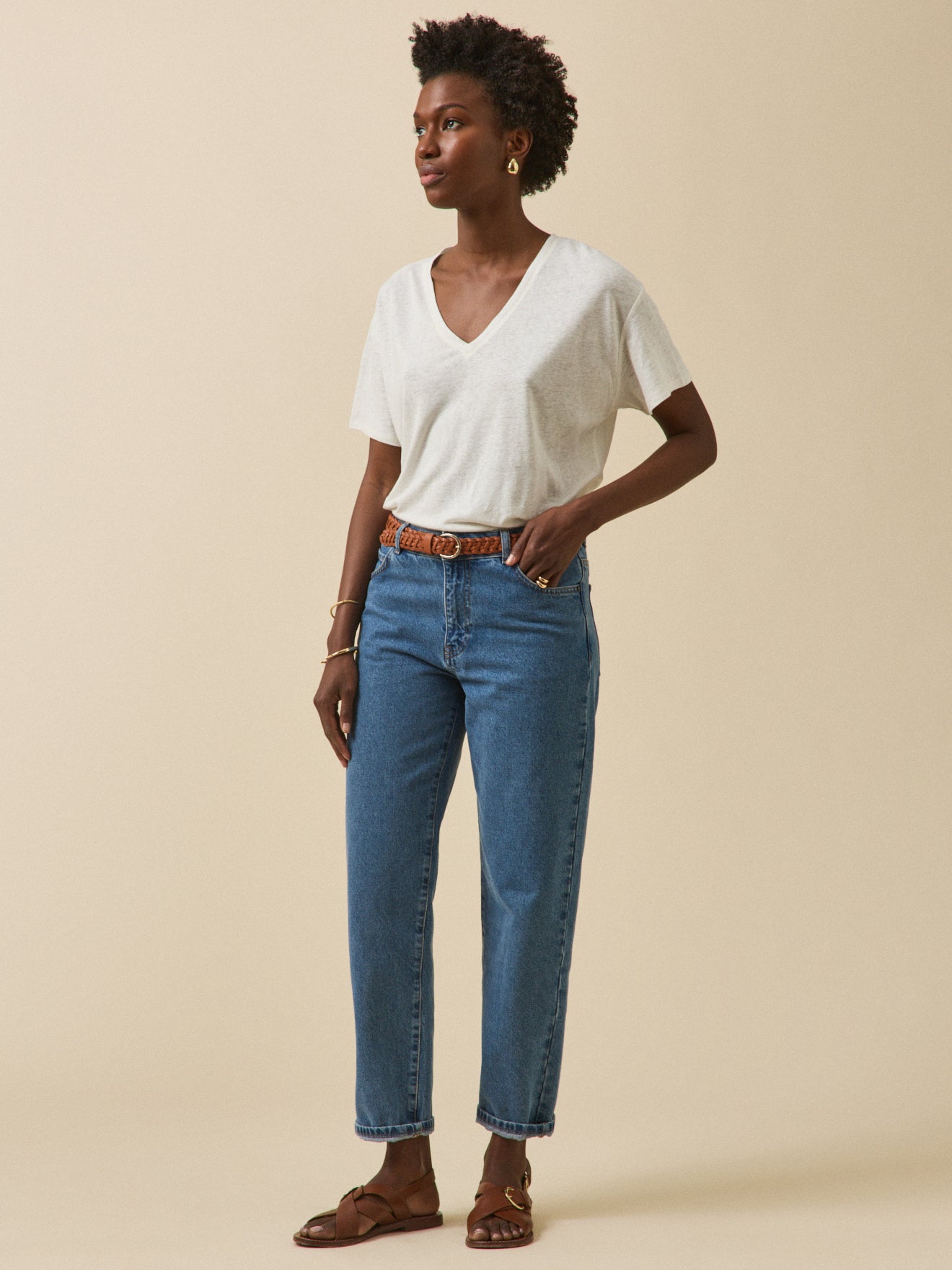 T-shirt col V femme lin et viscose