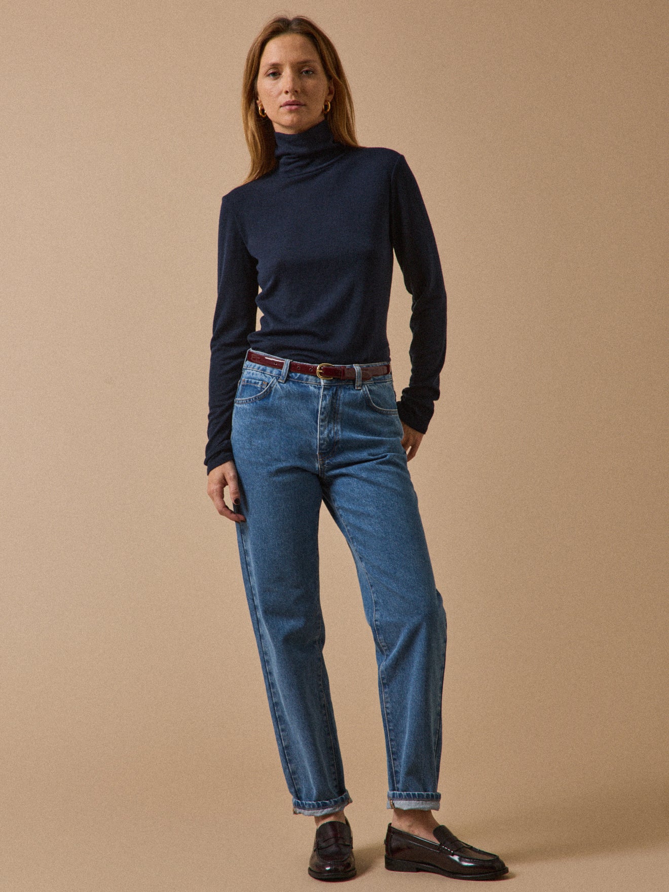 Women's wool jersey top with rollneck