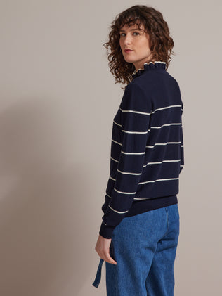 Women's cotton and cashmere sweater with ruffled neckline