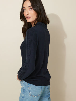 Women's cardigan with ruffled neckine made with organic cotton and cashmere