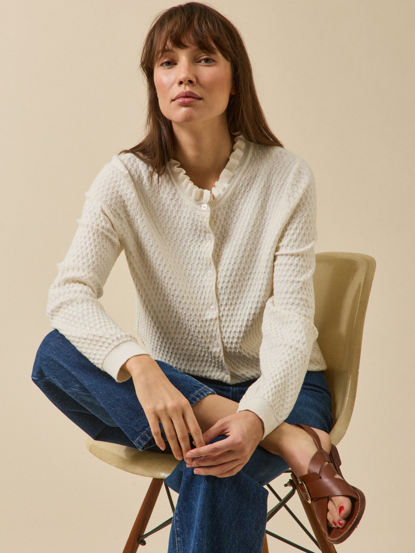 Cardigan col volanté femme coton biologique et cachemire