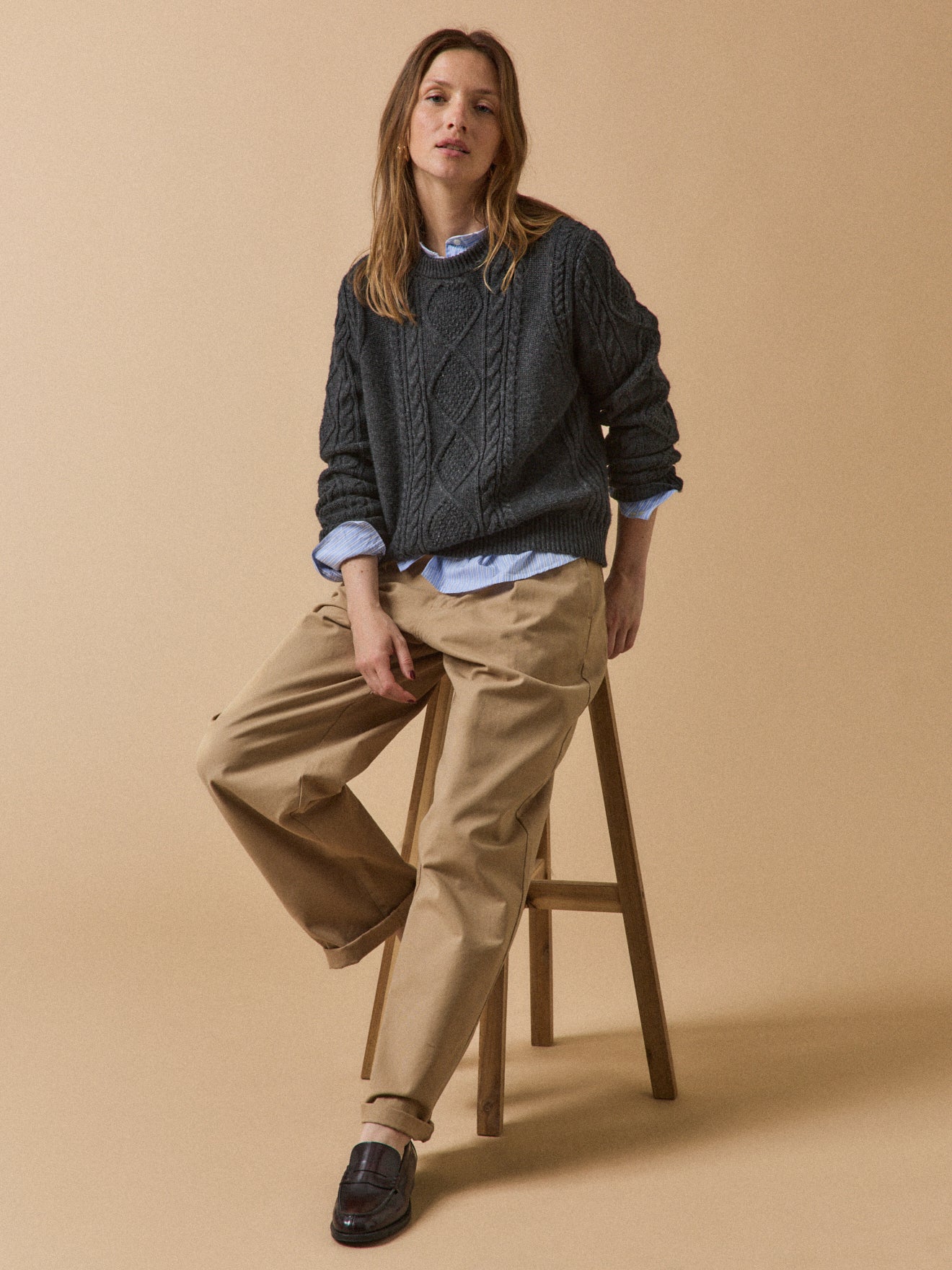 Pull torsades col rond femme