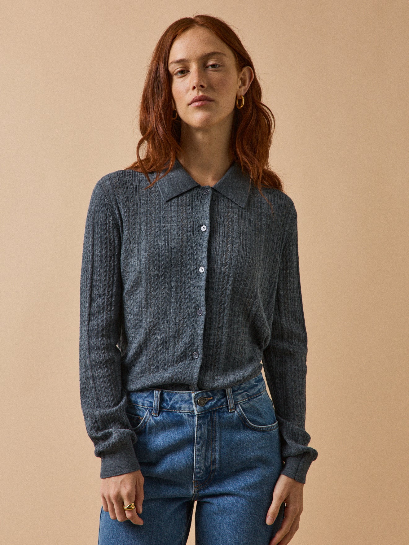 Gilet col chemise ajouré femme