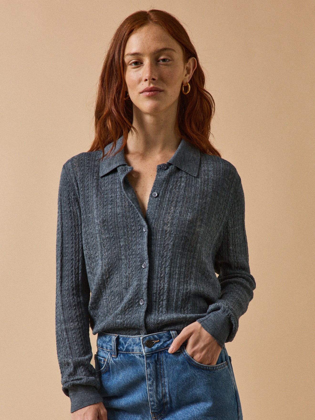 Gilet col chemise ajouré femme