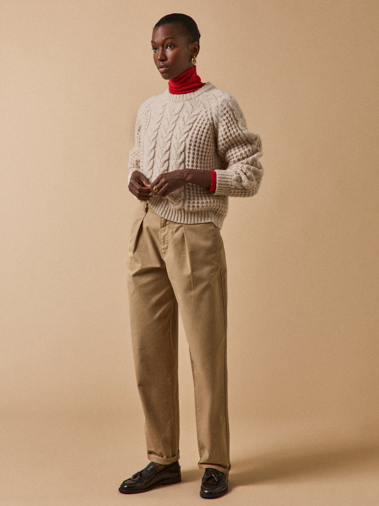 Women's merino wool blend cable-knit sweater