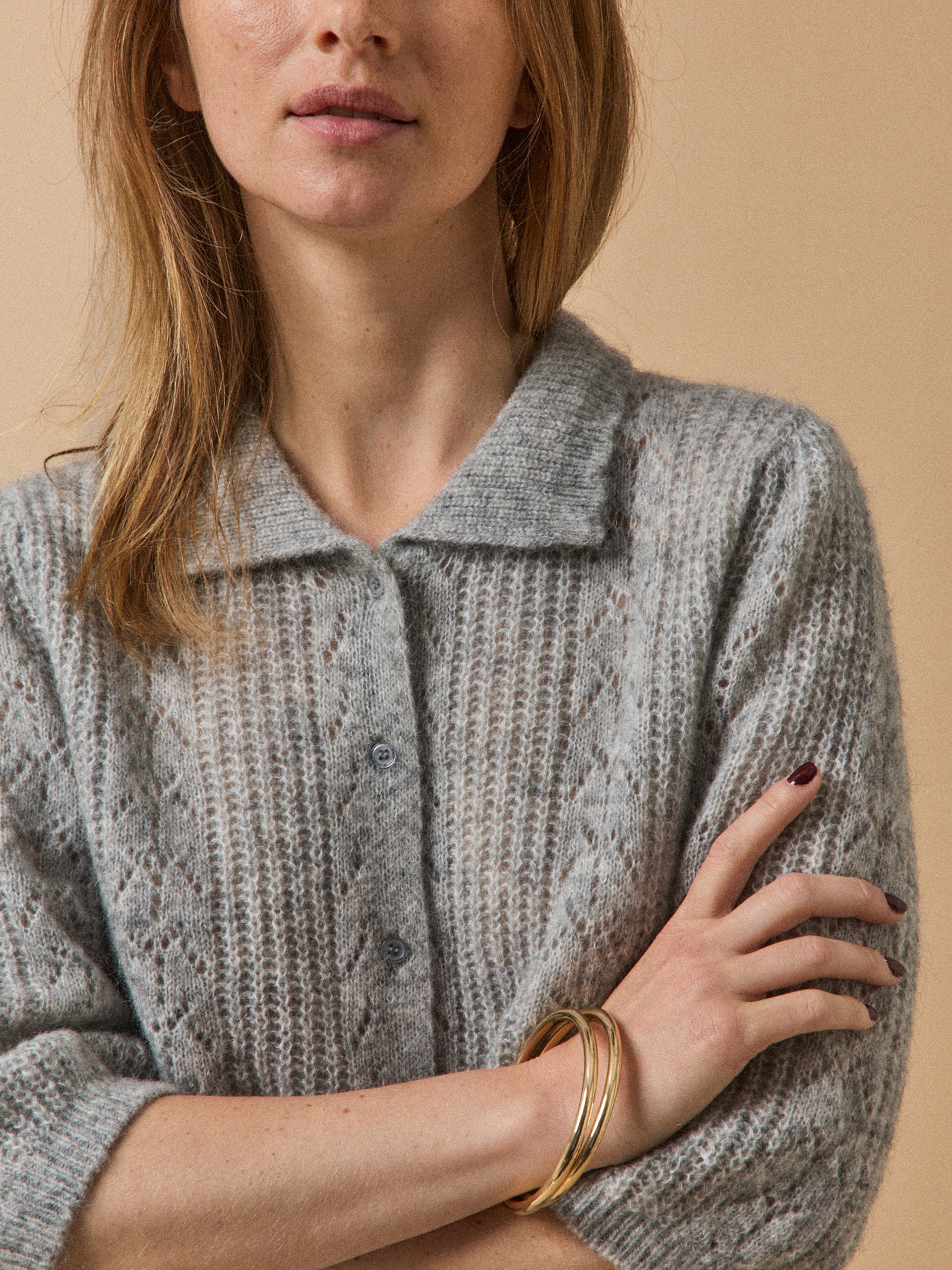 Women's wool and mohair cardigan with polo shirt collar