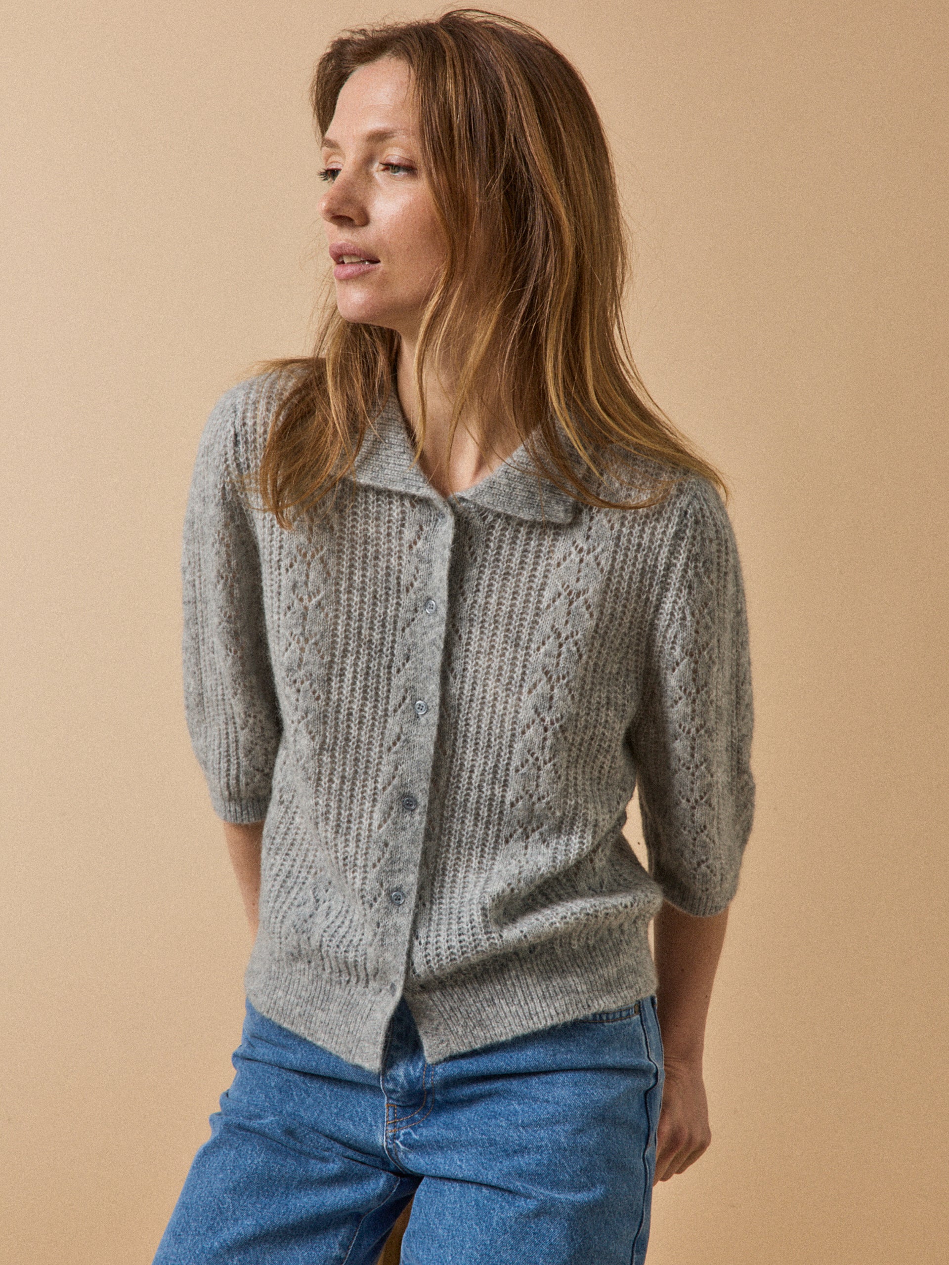 Women's wool and mohair cardigan with polo shirt collar