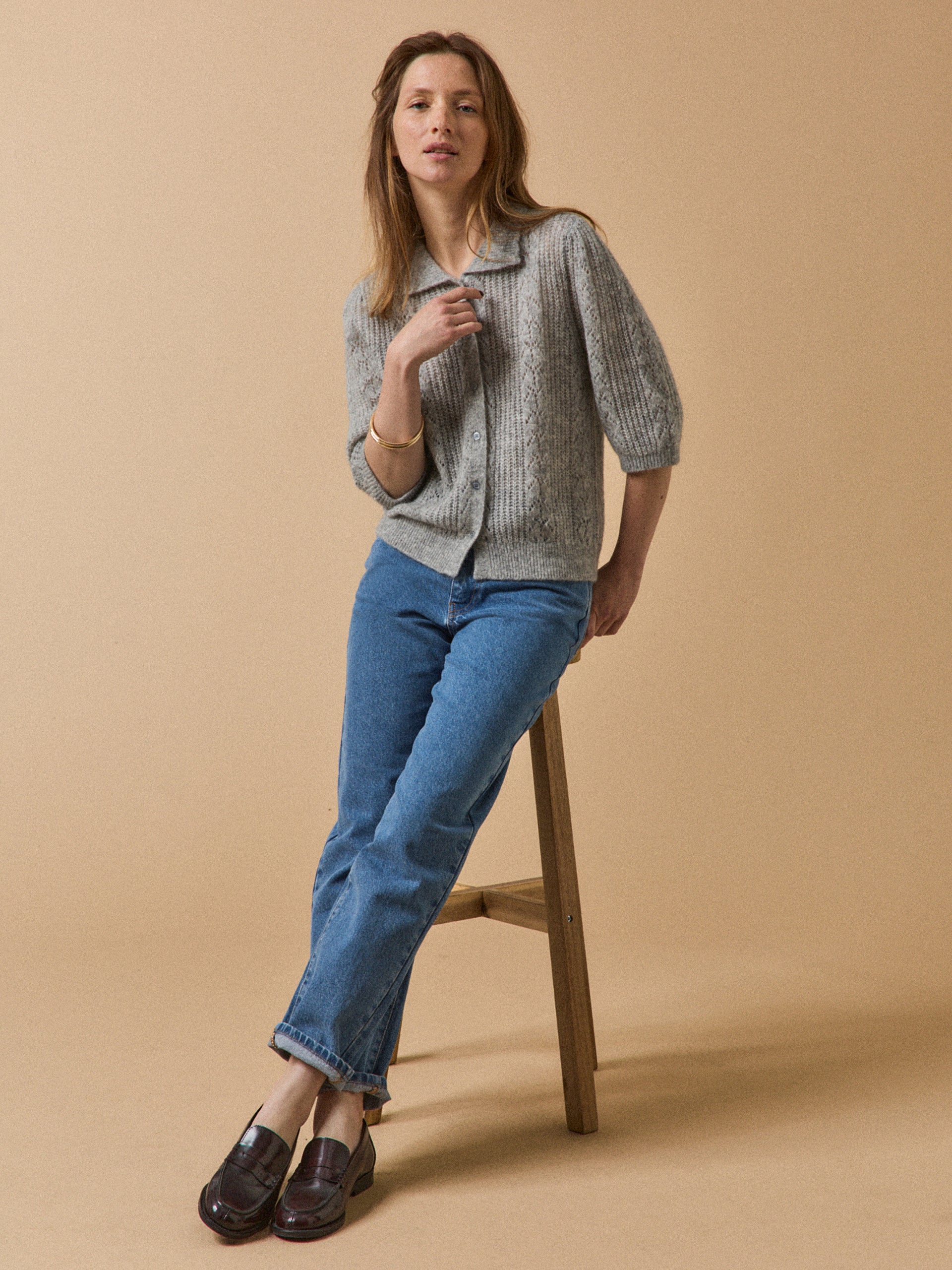 Women's wool and mohair cardigan with polo shirt collar