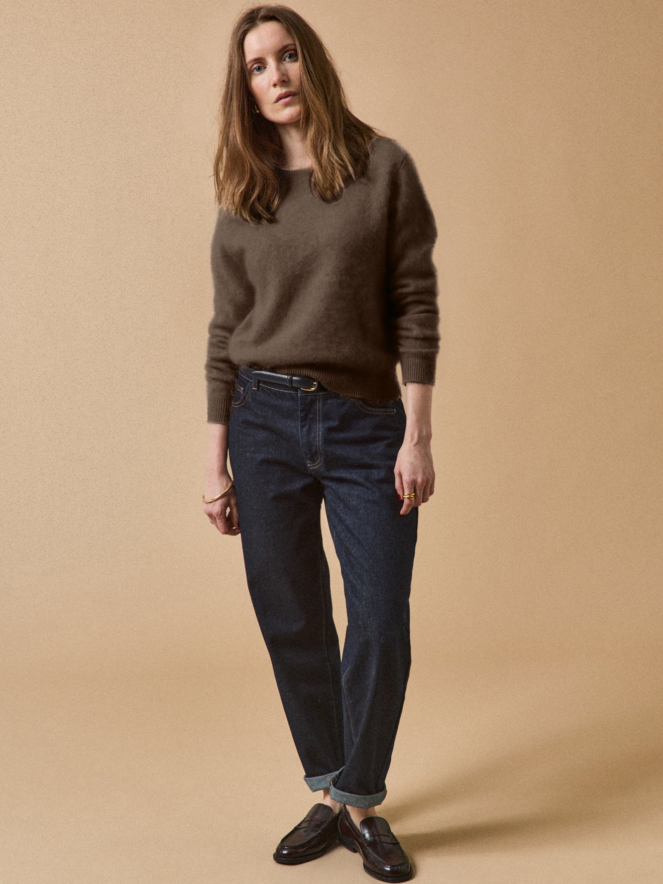 Pull col rond laine brossée femme