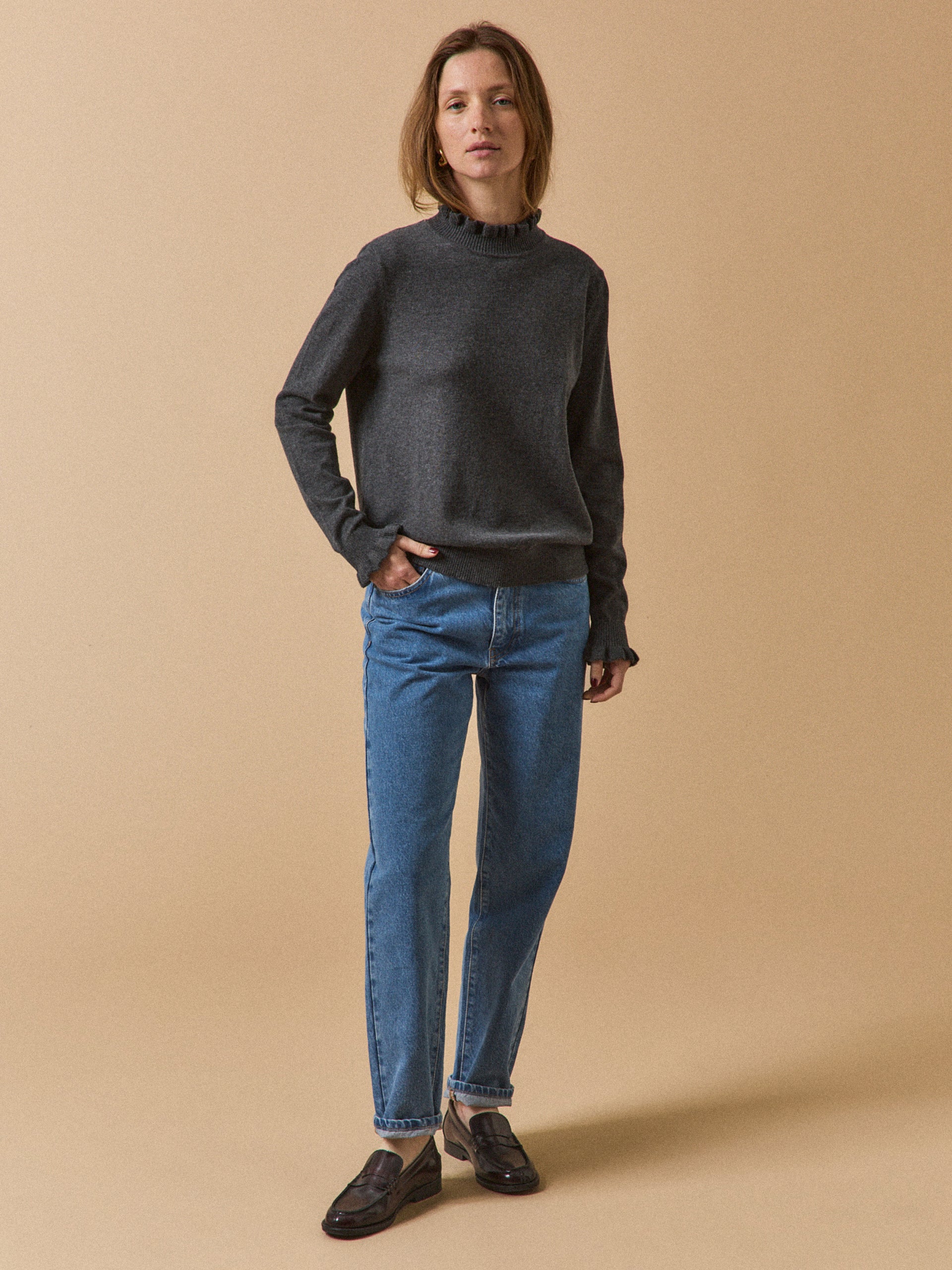 Pull volanté femme coton biologique et laine RWS*