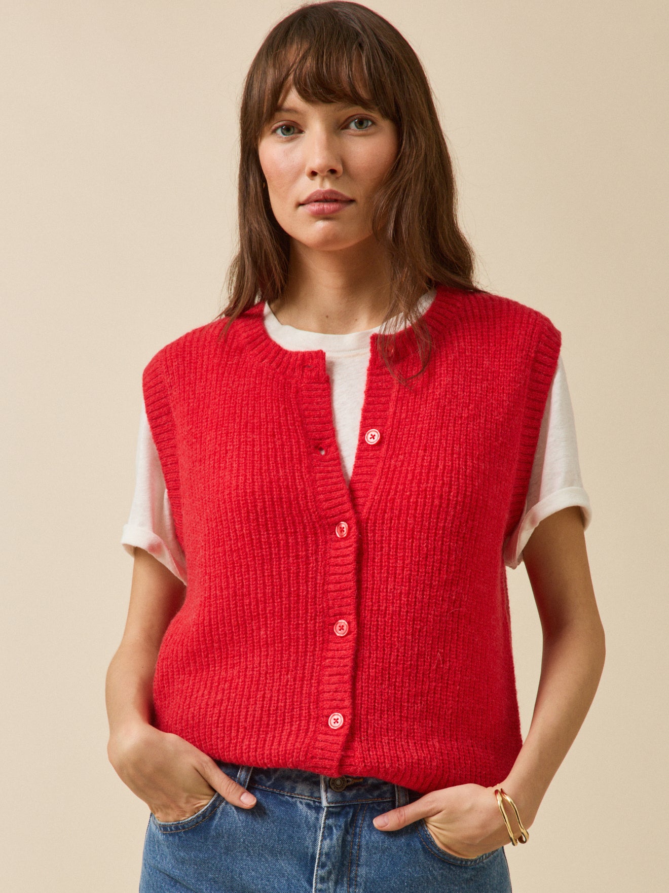 Women's sleeveless wool, alpaca and mohair cardigan