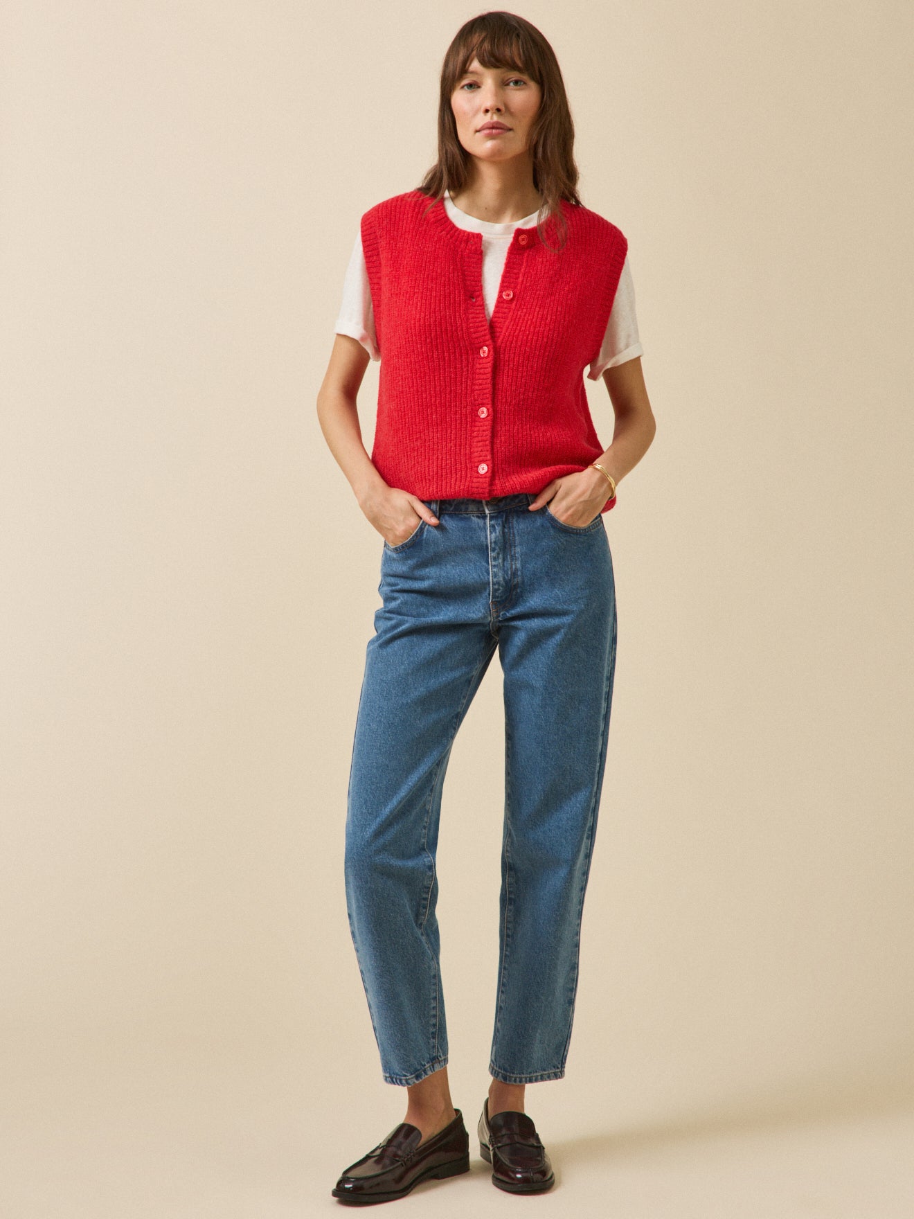 Women's sleeveless wool, alpaca and mohair cardigan