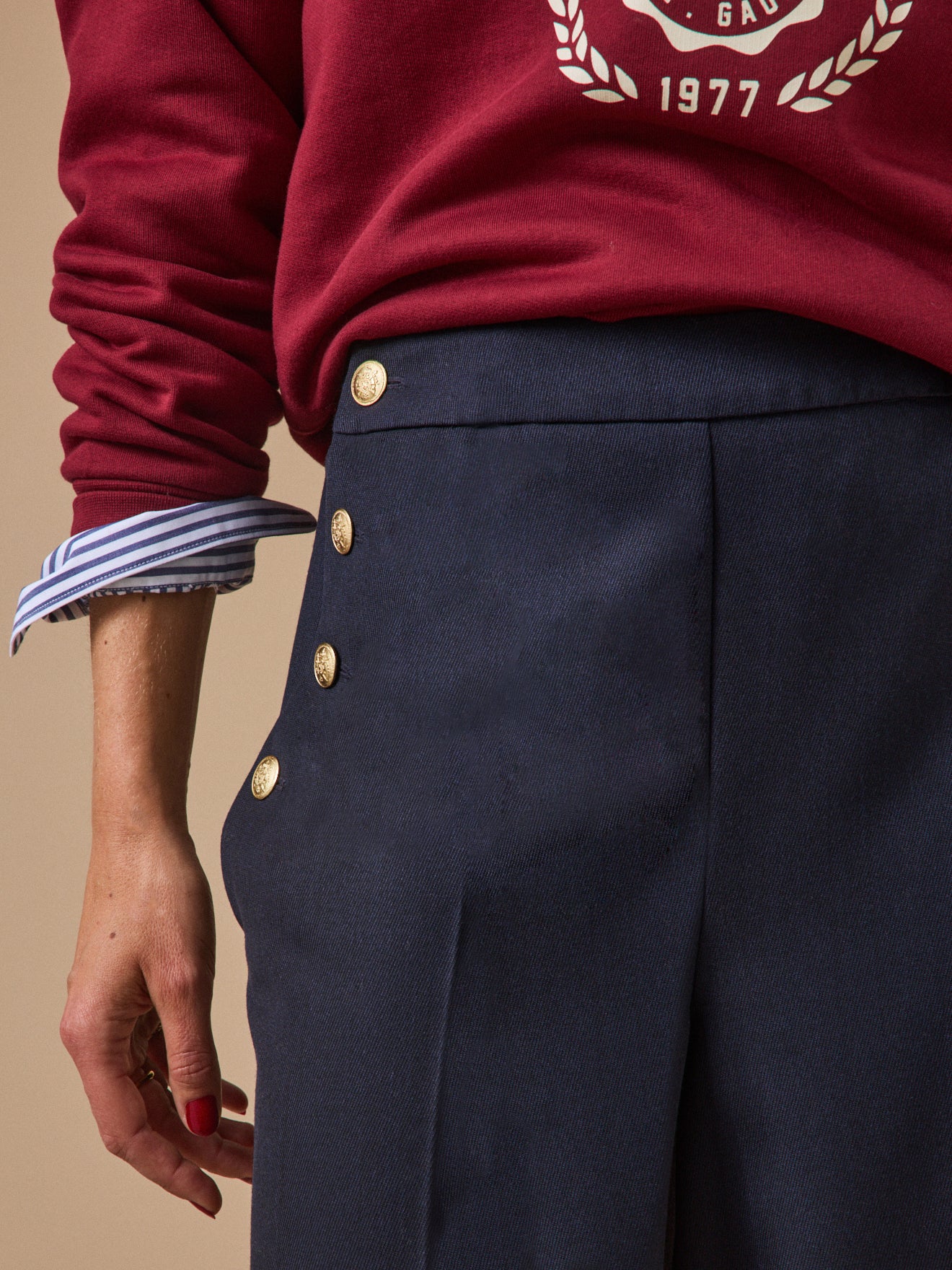 Pantalon large à pont boutons dorés femme Maé