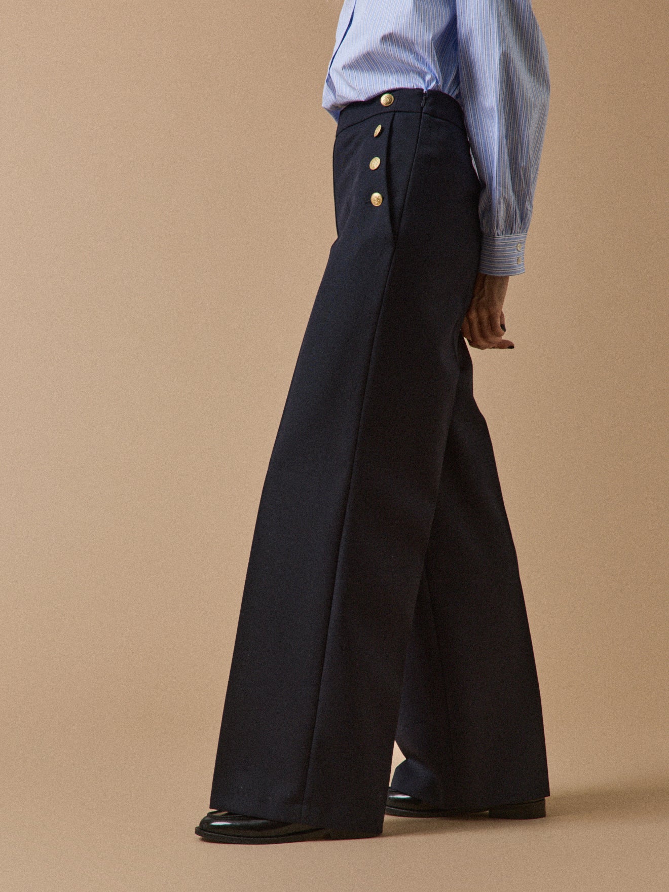 Pantalon large à pont boutons dorés femme Maé