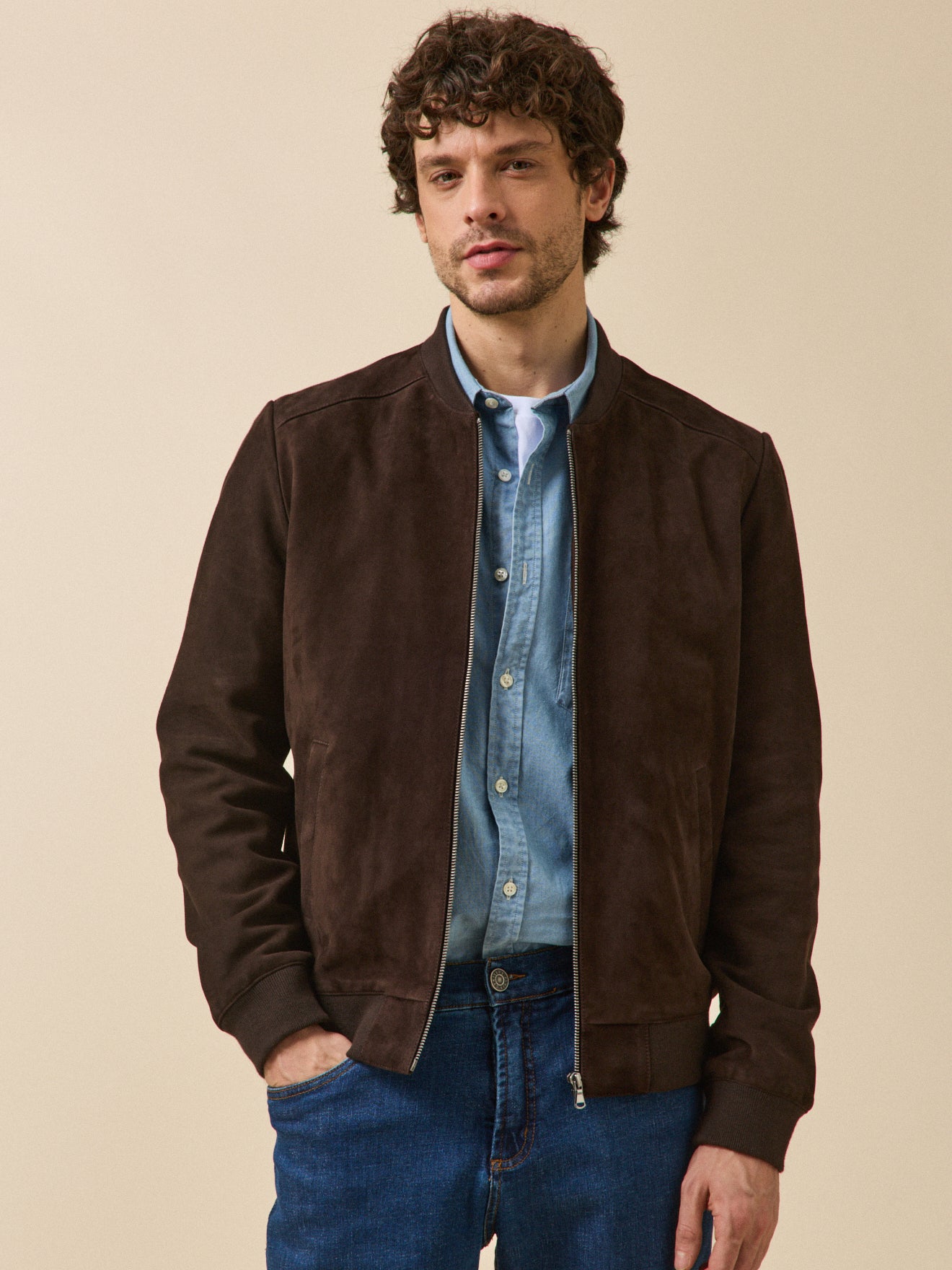 Men's zip goatskin suede jacket