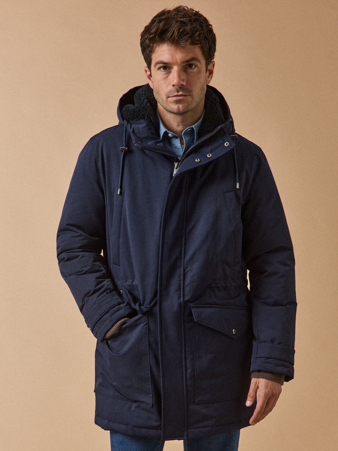 Men's long parka with lined hood