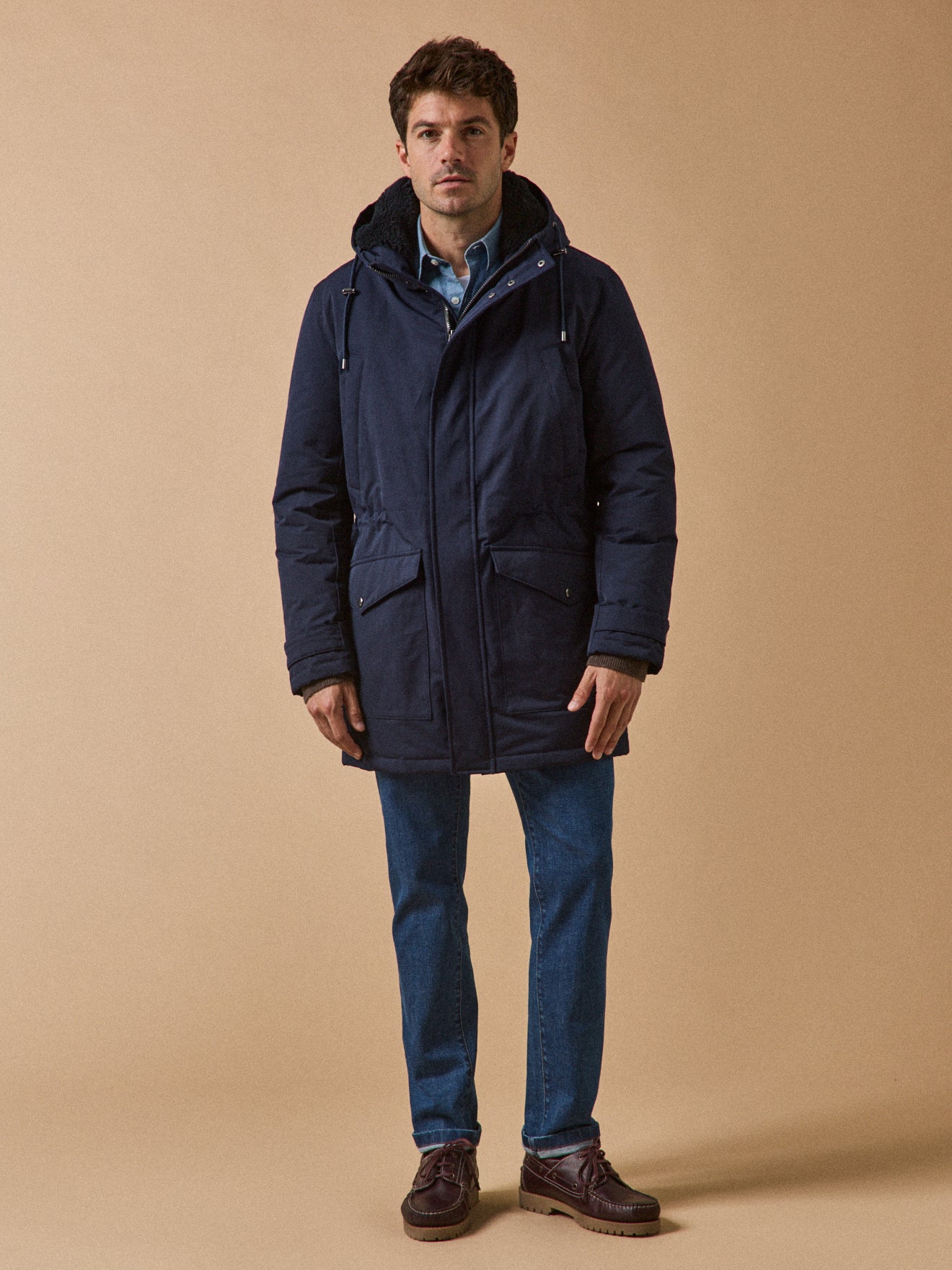 Men's long parka with lined hood