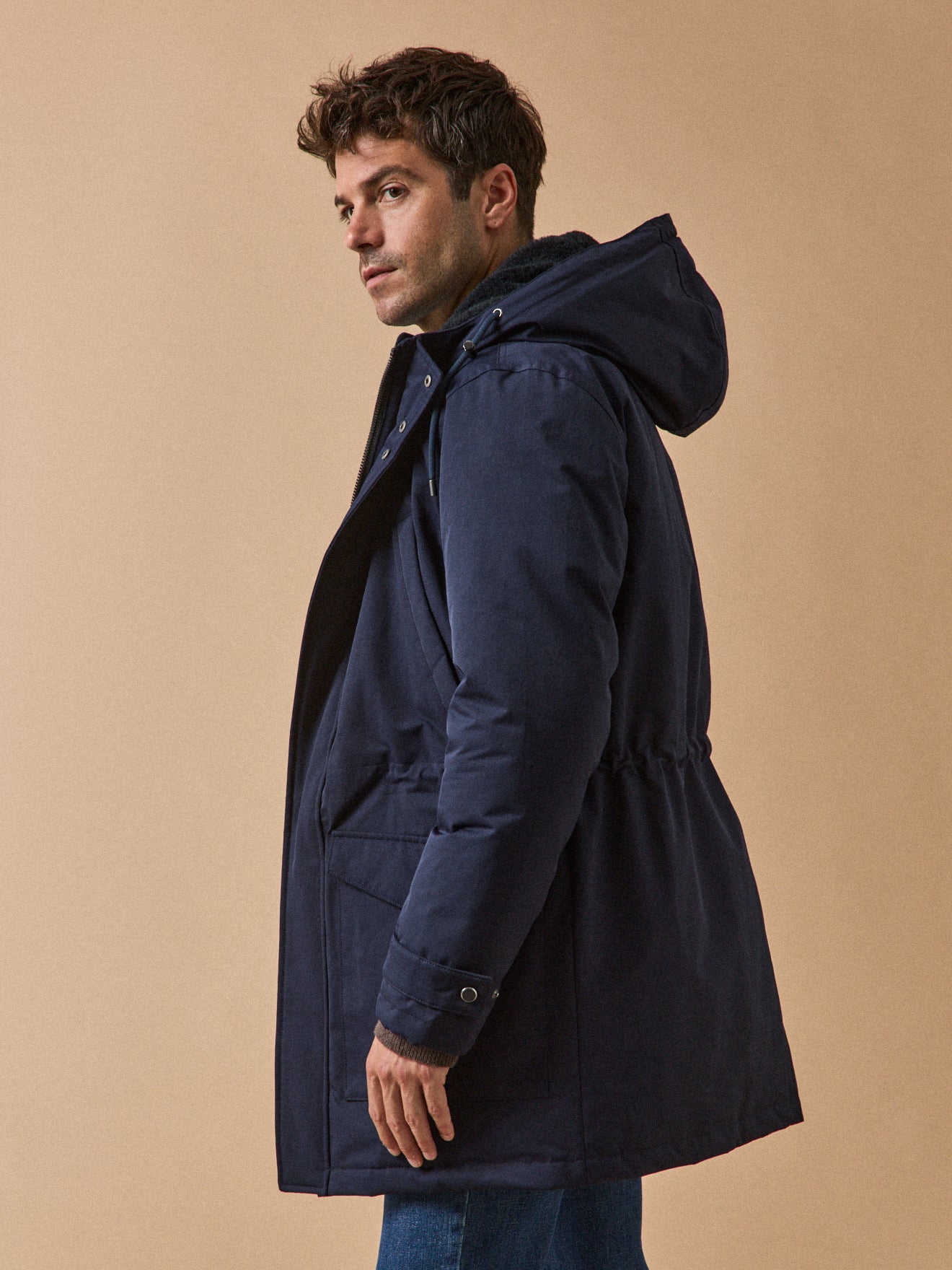 Men's long parka with lined hood